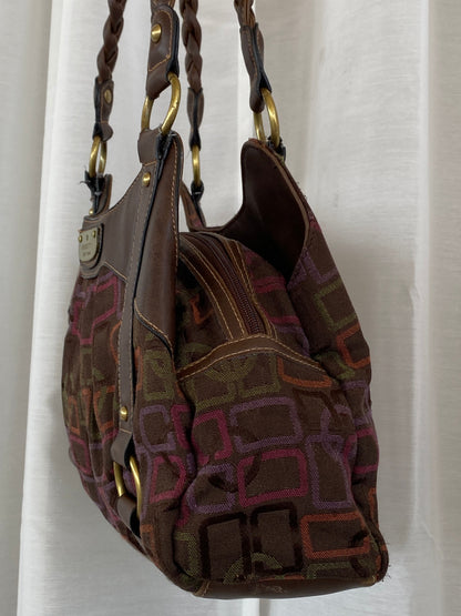 Y2K Rosetti Brown Multicolored Geometric Pattern Shoulder Bag With Braided Vinyl Handles - Balagan Vintage Handbags 00s, 90s, bag, geometric print, shoulder bag, Y2K