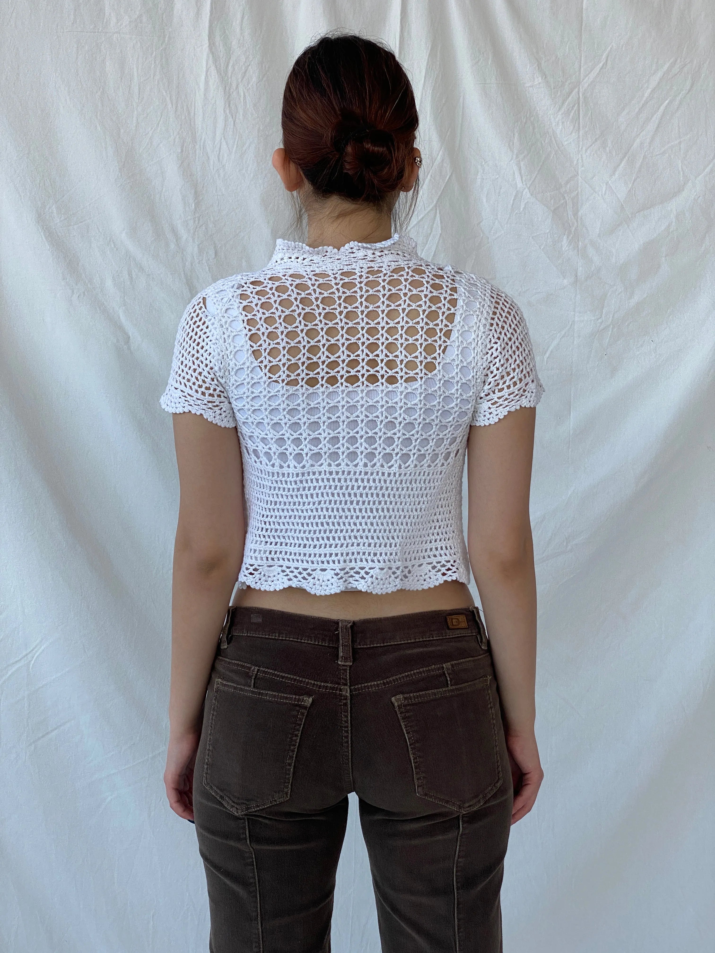 Y2K Ruby Girl Women’s Crochet White Cropped Cardigan - S - Balagan Vintage Cardigan 00s, Ayah, cardigan, consignment, crochet, Tasnim, women top