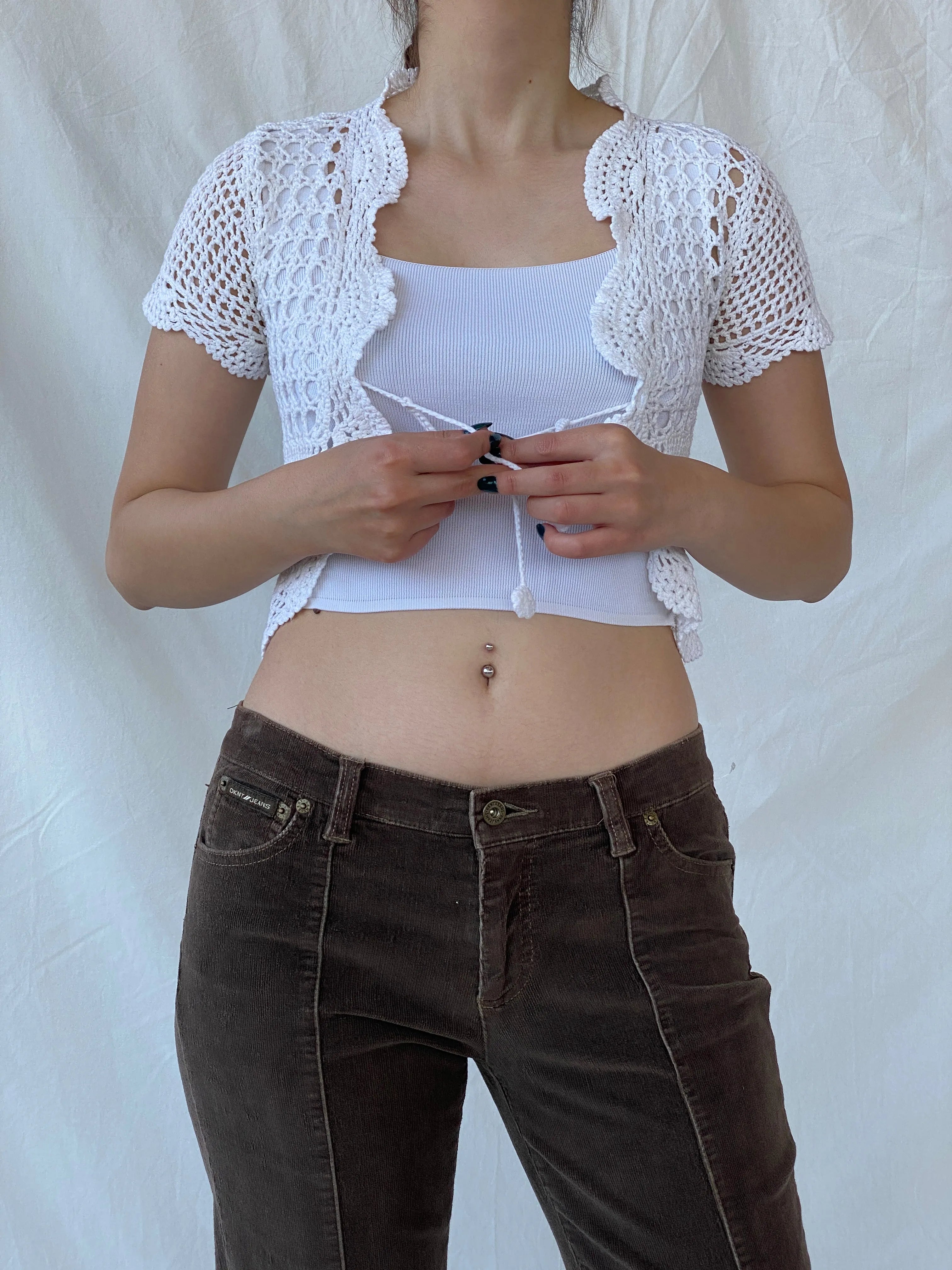 Y2K Ruby Girl Women’s Crochet White Cropped Cardigan - S - Balagan Vintage Cardigan 00s, Ayah, cardigan, consignment, crochet, Tasnim, women top