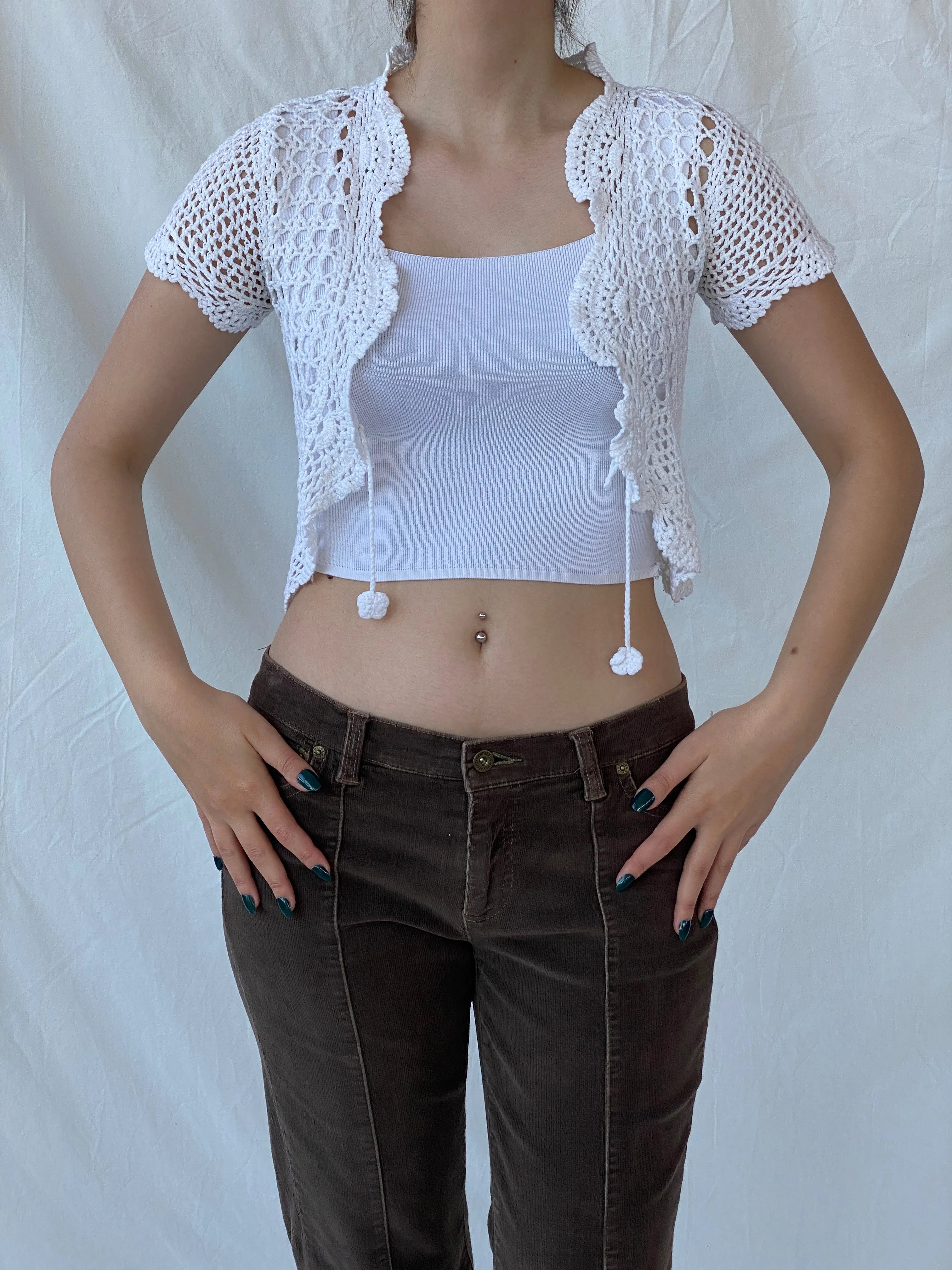 Y2K Ruby Girl Women’s Crochet White Cropped Cardigan - S - Balagan Vintage Cardigan 00s, Ayah, cardigan, consignment, crochet, Tasnim, women top