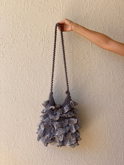 Y2K Ruffled Crochet Shoulder Bag Knitted Gray Whimsy Crossbody Bag - Balagan Vintage Shoulder Bag 00s, 90s, bag, NEW IN, shoulder bag, Y2K