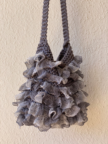 Y2K Ruffled Crochet Shoulder Bag Knitted Gray Whimsy Crossbody Bag - Balagan Vintage Shoulder Bag 00s, 90s, bag, NEW IN, shoulder bag, Y2K