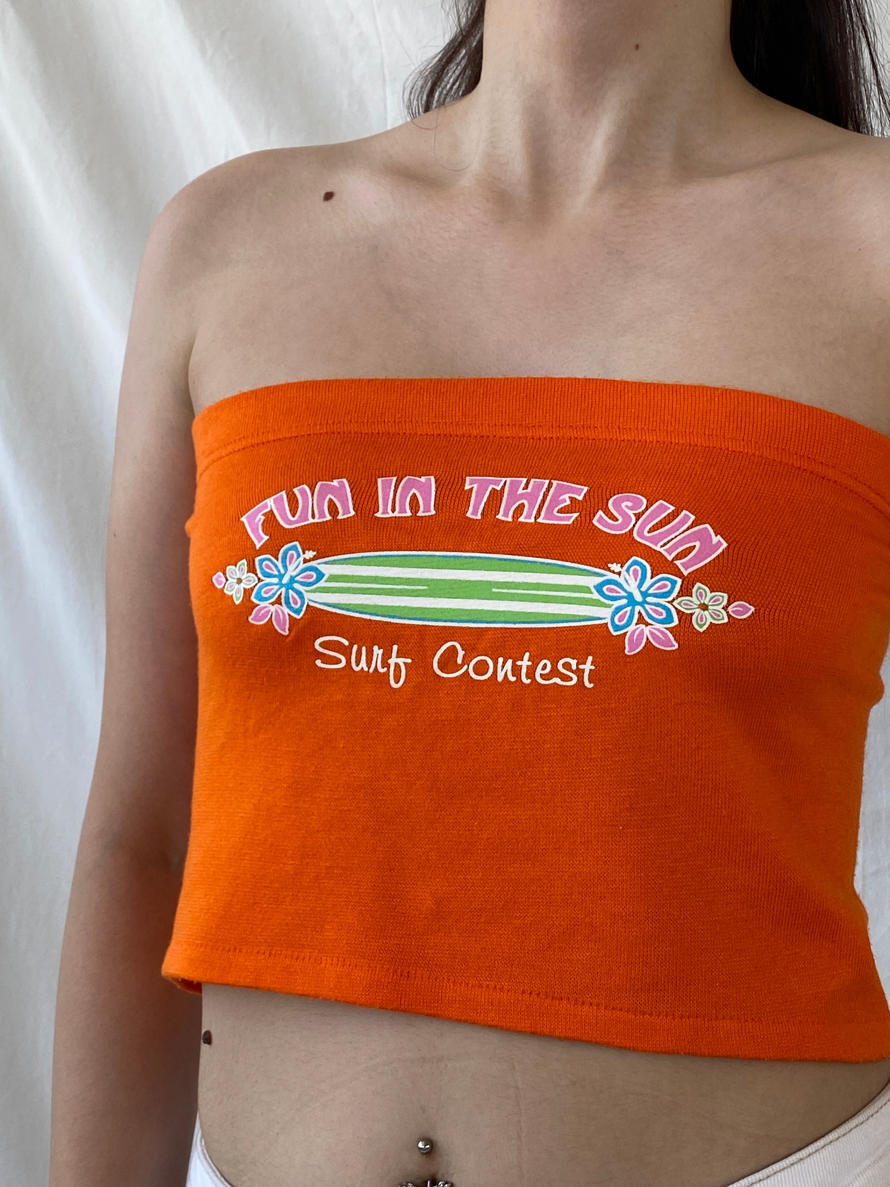 Y2K SAND N SUN Graphic Orange Surf Contest Bandeau Tube Top - M - Balagan Vintage Tube Top 00s, Ayah, cropped, NEW IN, summer, women top