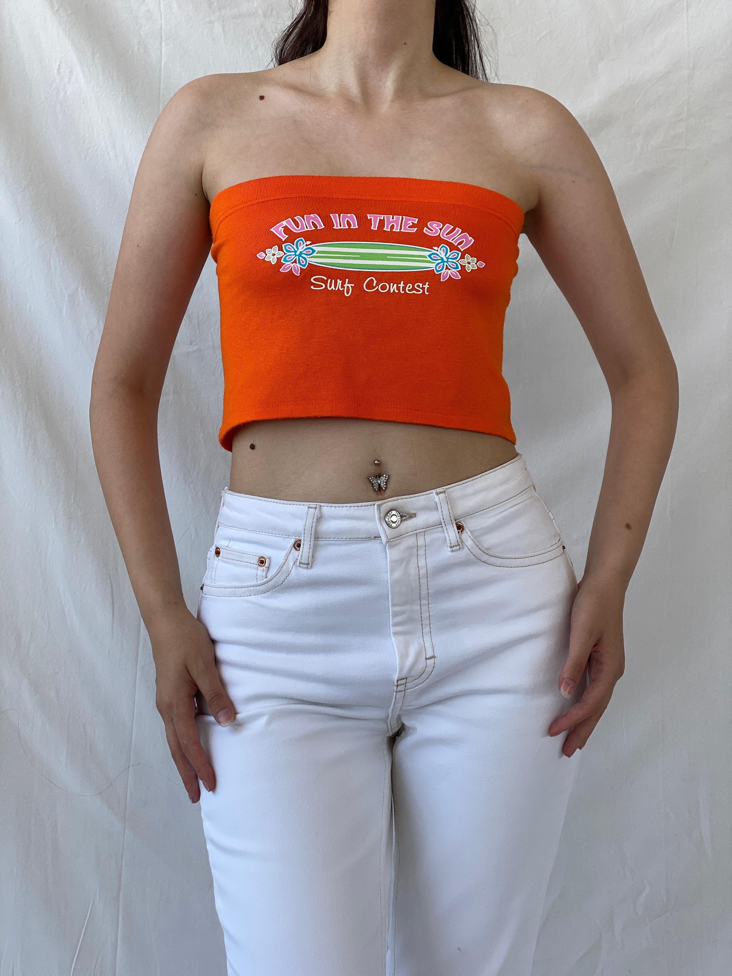 Y2K SAND N SUN Graphic Orange Surf Contest Bandeau Tube Top - M - Balagan Vintage Tube Top 00s, Ayah, cropped, NEW IN, summer, women top