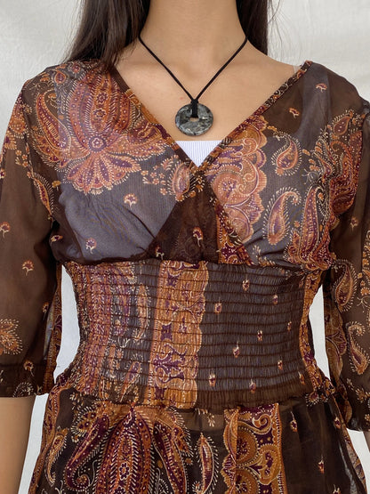 Y2K SAVIDA Brown Paisley Print Sheer Scrunched Waist Top - L - Balagan Vintage Full Sleeve Top 00s, full sleeve top, Syntia, women top