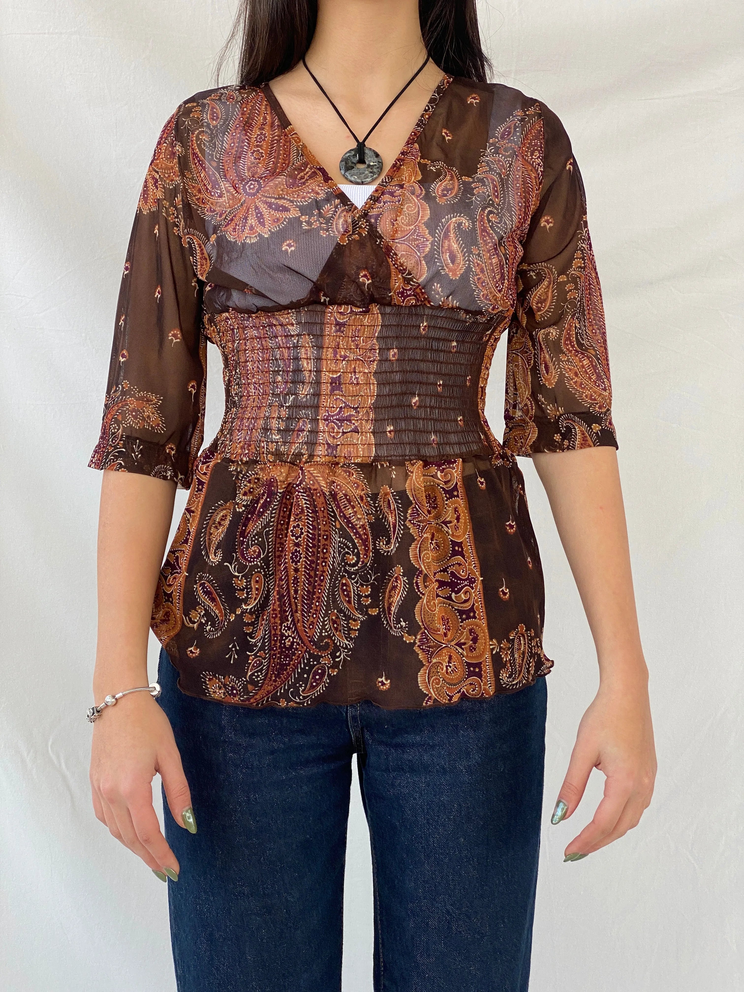 Y2K SAVIDA Brown Paisley Print Sheer Scrunched Waist Top - L - Balagan Vintage Full Sleeve Top 00s, full sleeve top, Syntia, women top
