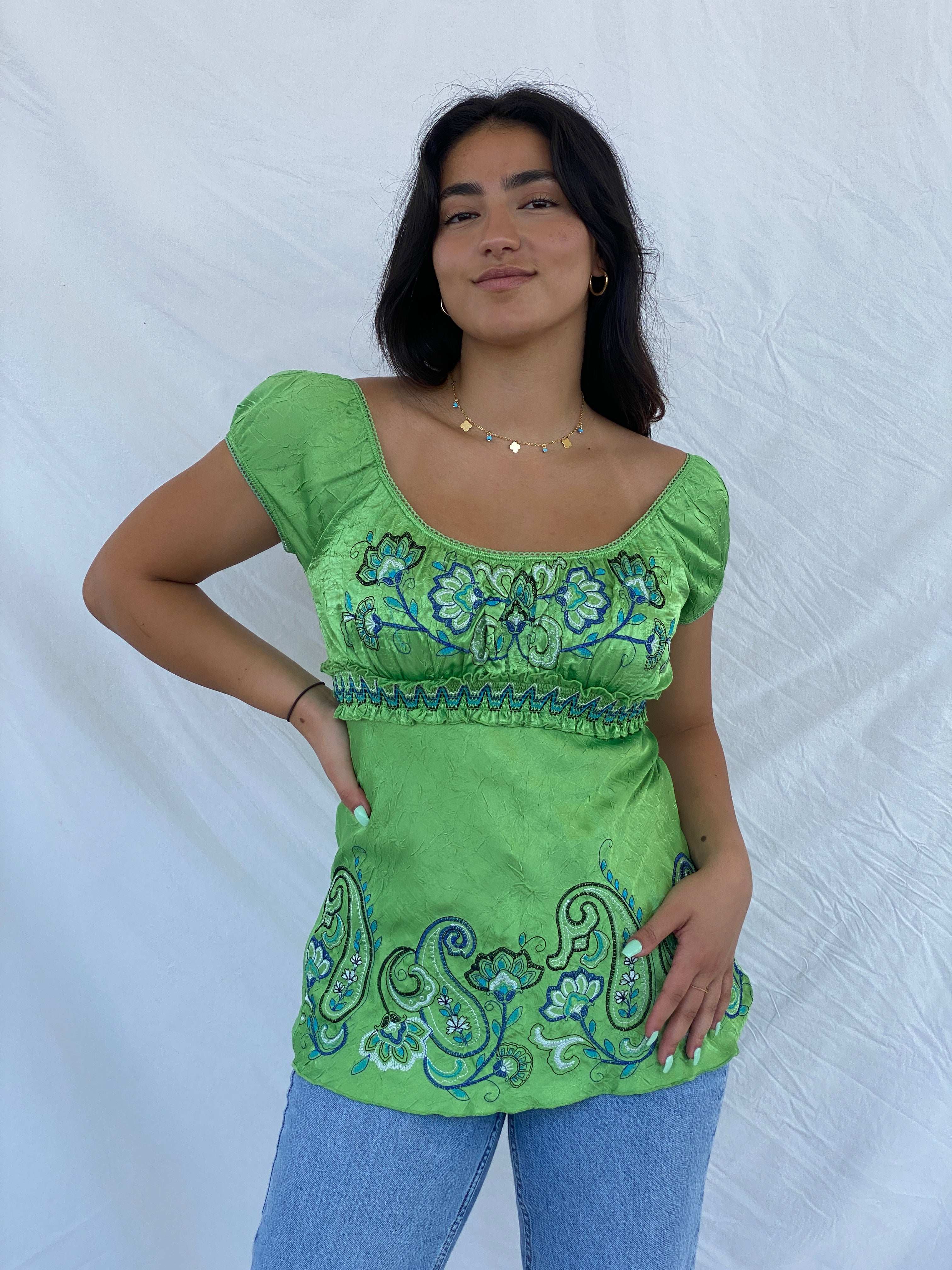 Y2K Scoop Neck Cottage Style Green Top - M - Balagan Vintage Half Sleeve Top 00s, Lana, summer, Y2K