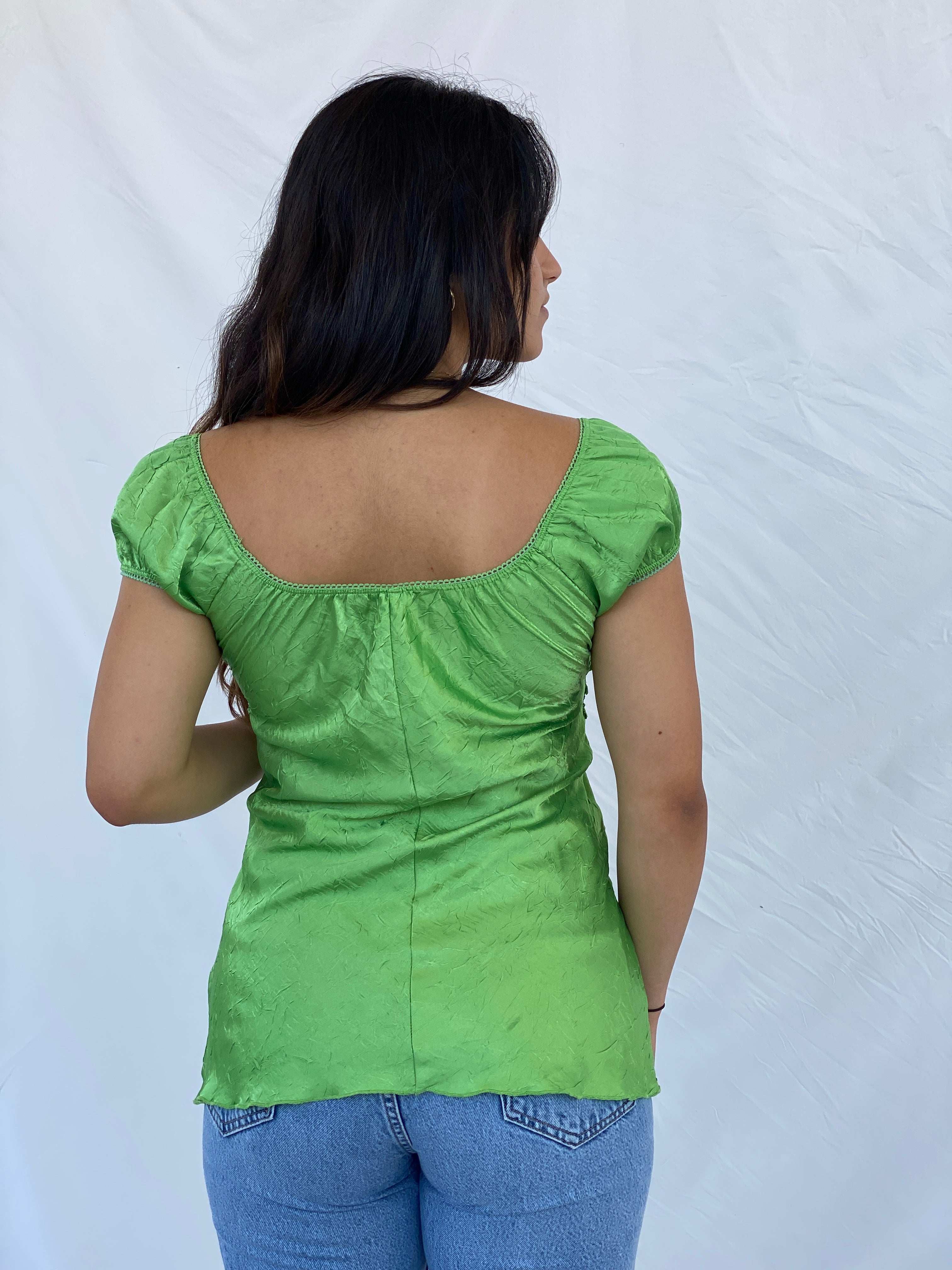 Y2K Scoop Neck Cottage Style Green Top - M - Balagan Vintage Half Sleeve Top 00s, Lana, summer, Y2K