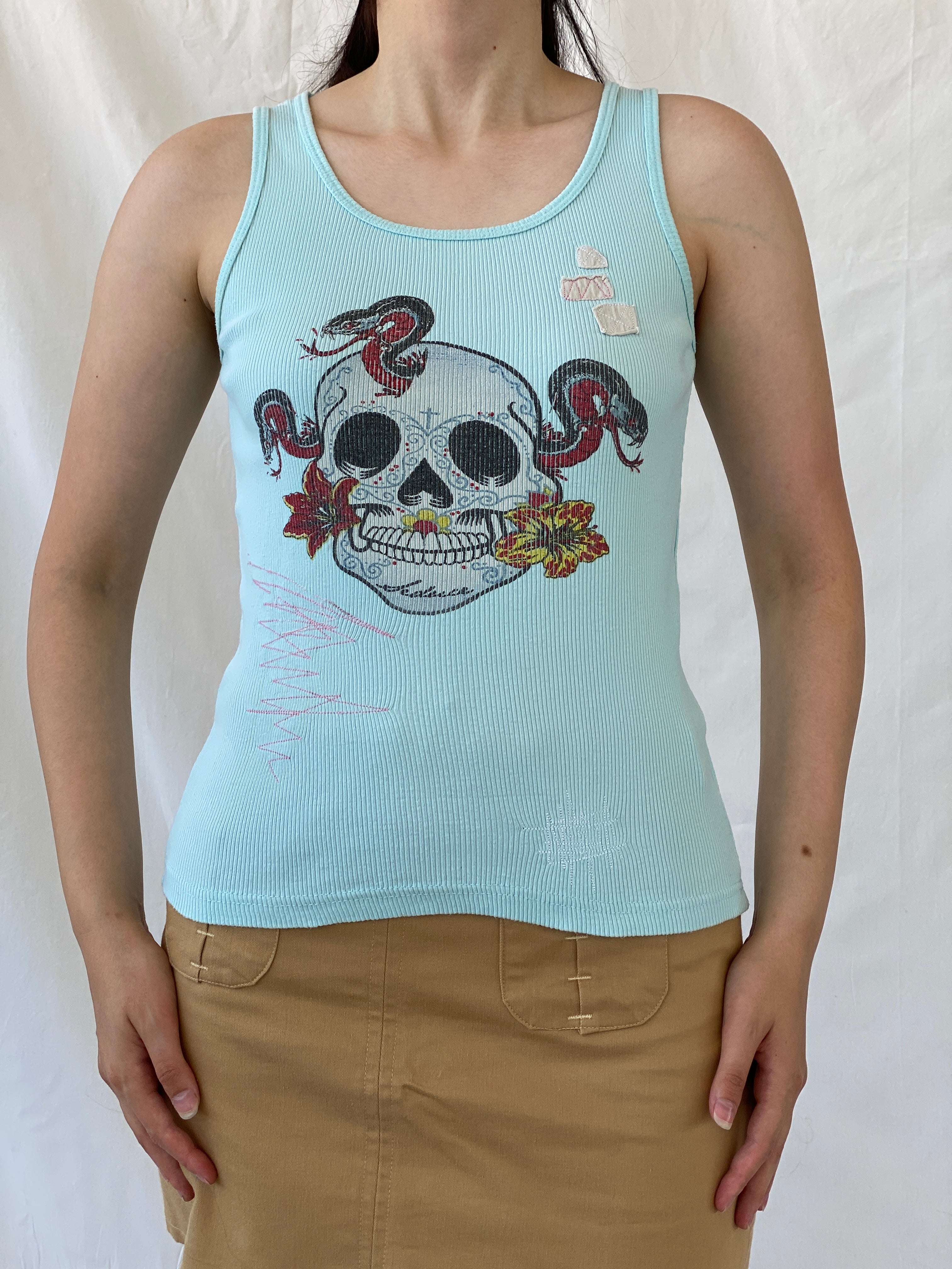 Y2K Seduce Blue Graphic Ribbed Tank Top - S - Balagan Vintage Sleeveless Top 00s, Ayah, NEW IN, summer, women top