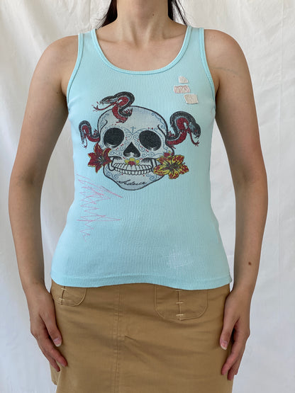 Y2K Seduce Blue Graphic Ribbed Tank Top - S - Balagan Vintage Sleeveless Top 00s, Ayah, NEW IN, summer, women top