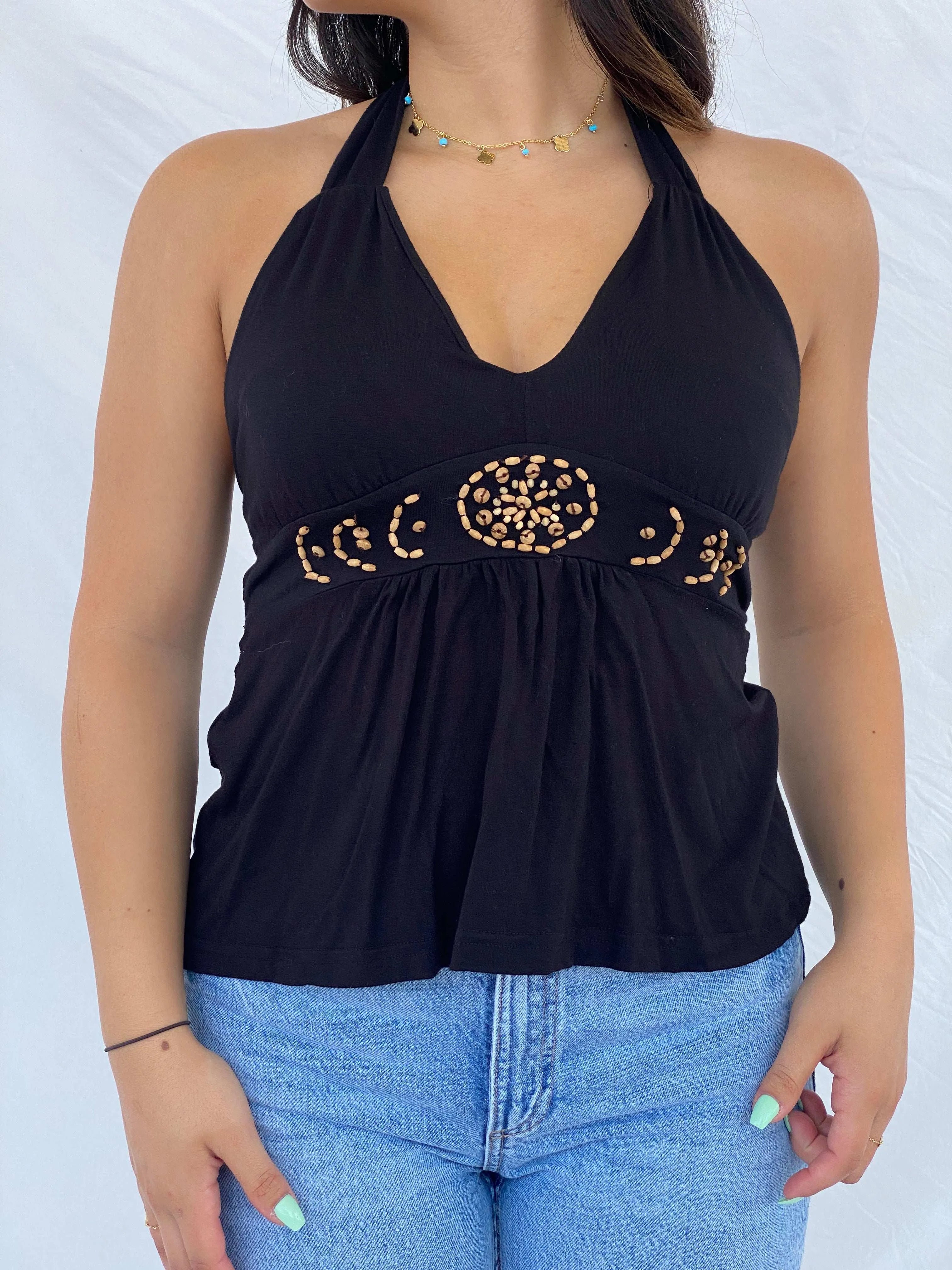 Y2K Seite 1Girl Black Halter Top With Beaded Detailing - S - Balagan Vintage Sleeveless Top 00s, halter top, Lana, summer