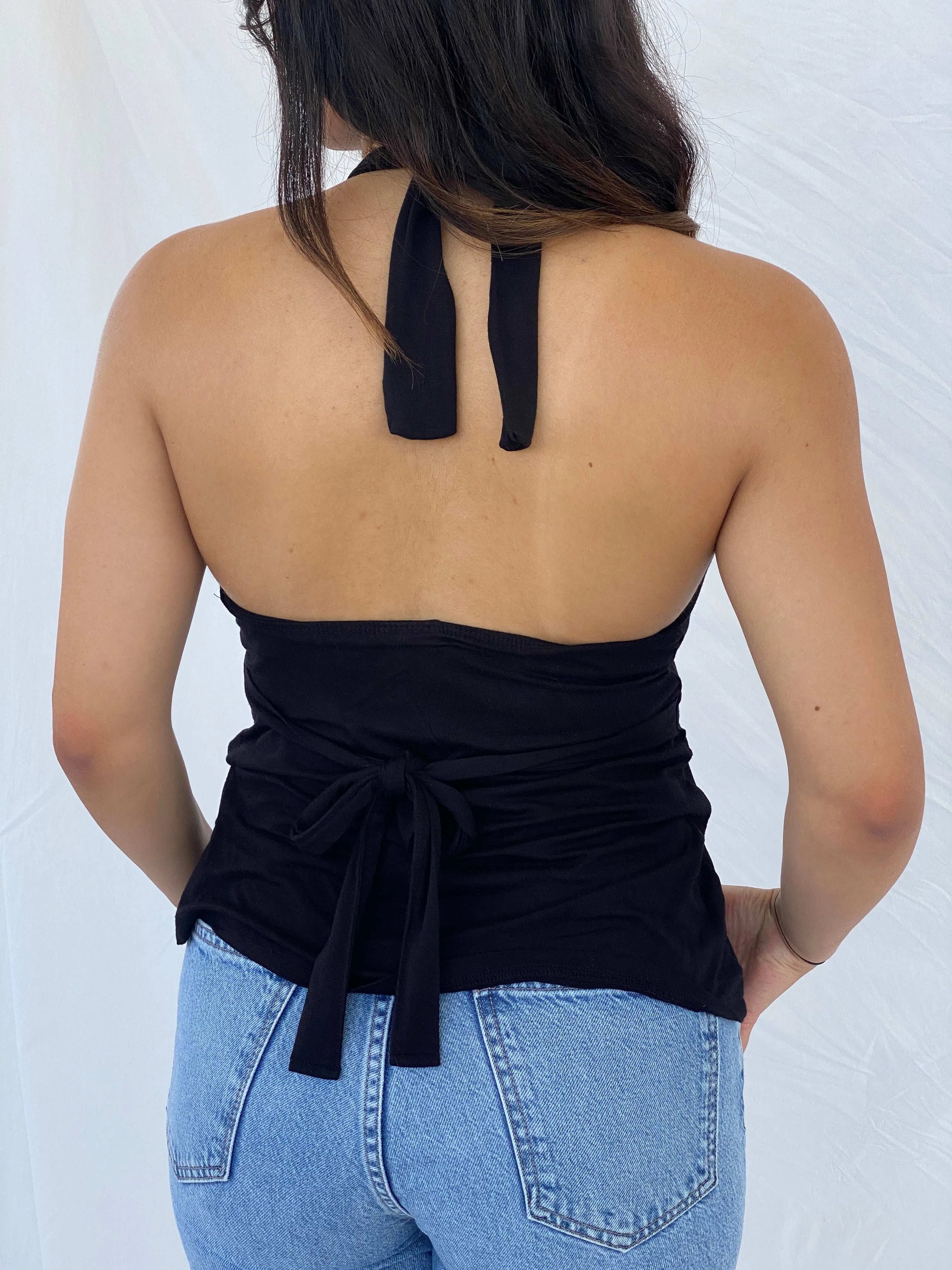 Y2K Seite 1Girl Black Halter Top With Beaded Detailing - S - Balagan Vintage Sleeveless Top 00s, halter top, Lana, summer