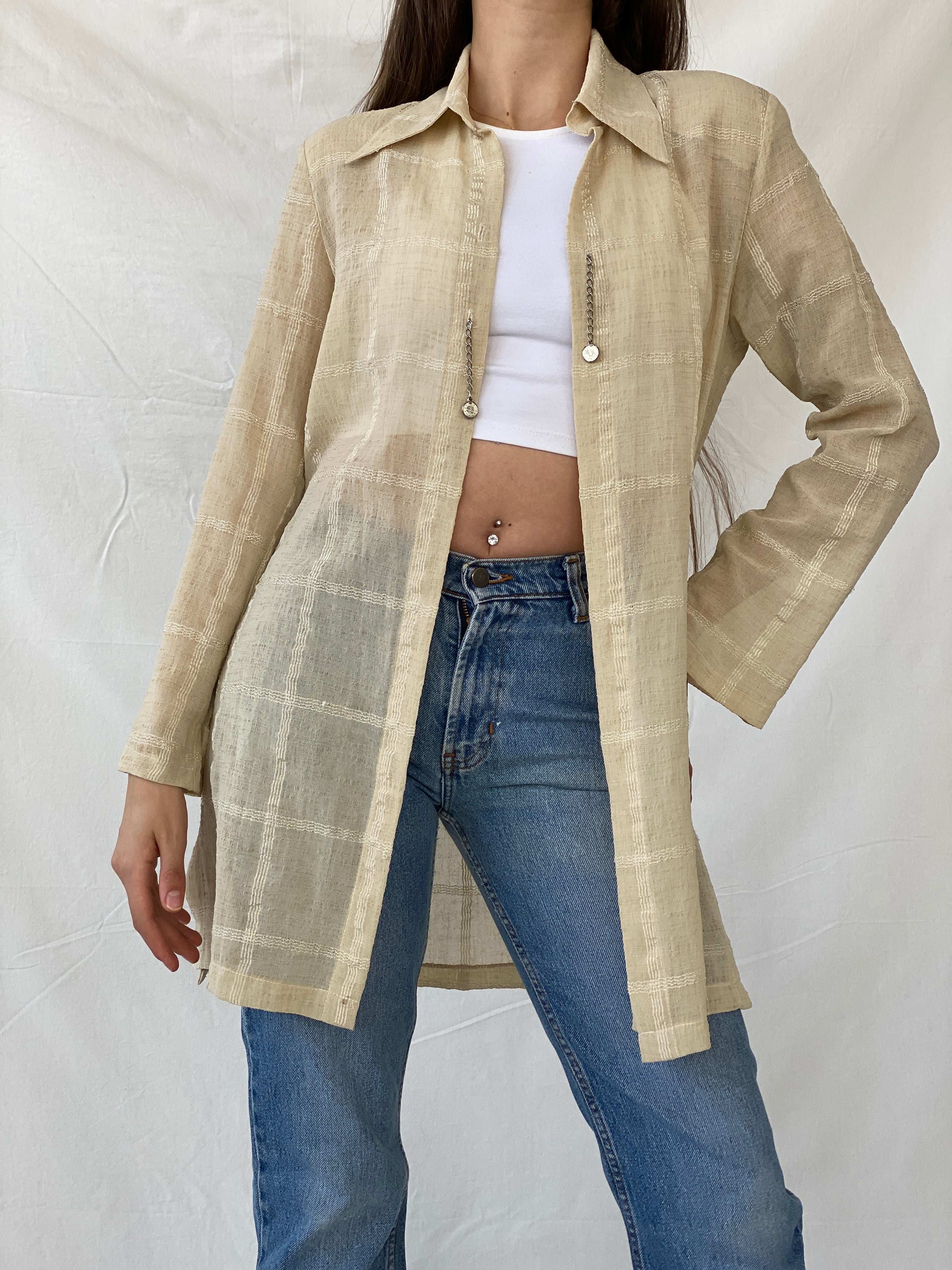 Y2K Selent Sheer Checkered Beige Cardigan - M - Balagan Vintage Cardigan 00s, Mira, winter, women top