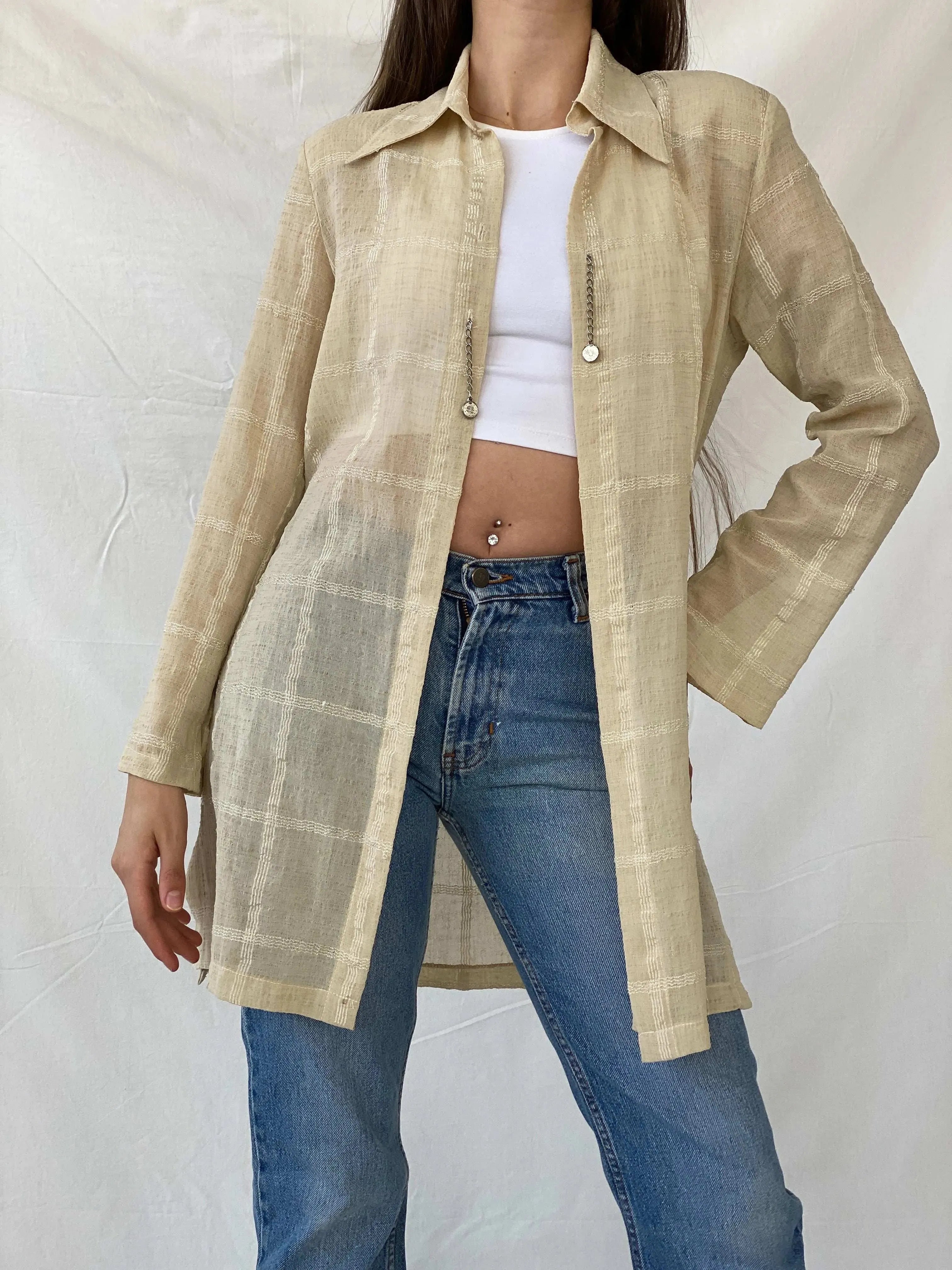 Y2K Selent Sheer Checkered Beige Cardigan - M - Balagan Vintage Cardigan 00s, Deals, Mira, winter, women top