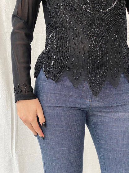 Y2K Sequin Chiffon Semi Sheer Dressy Black Women’s Top - M - Balagan Vintage Full Sleeve Top 00s, Ayah, sheer