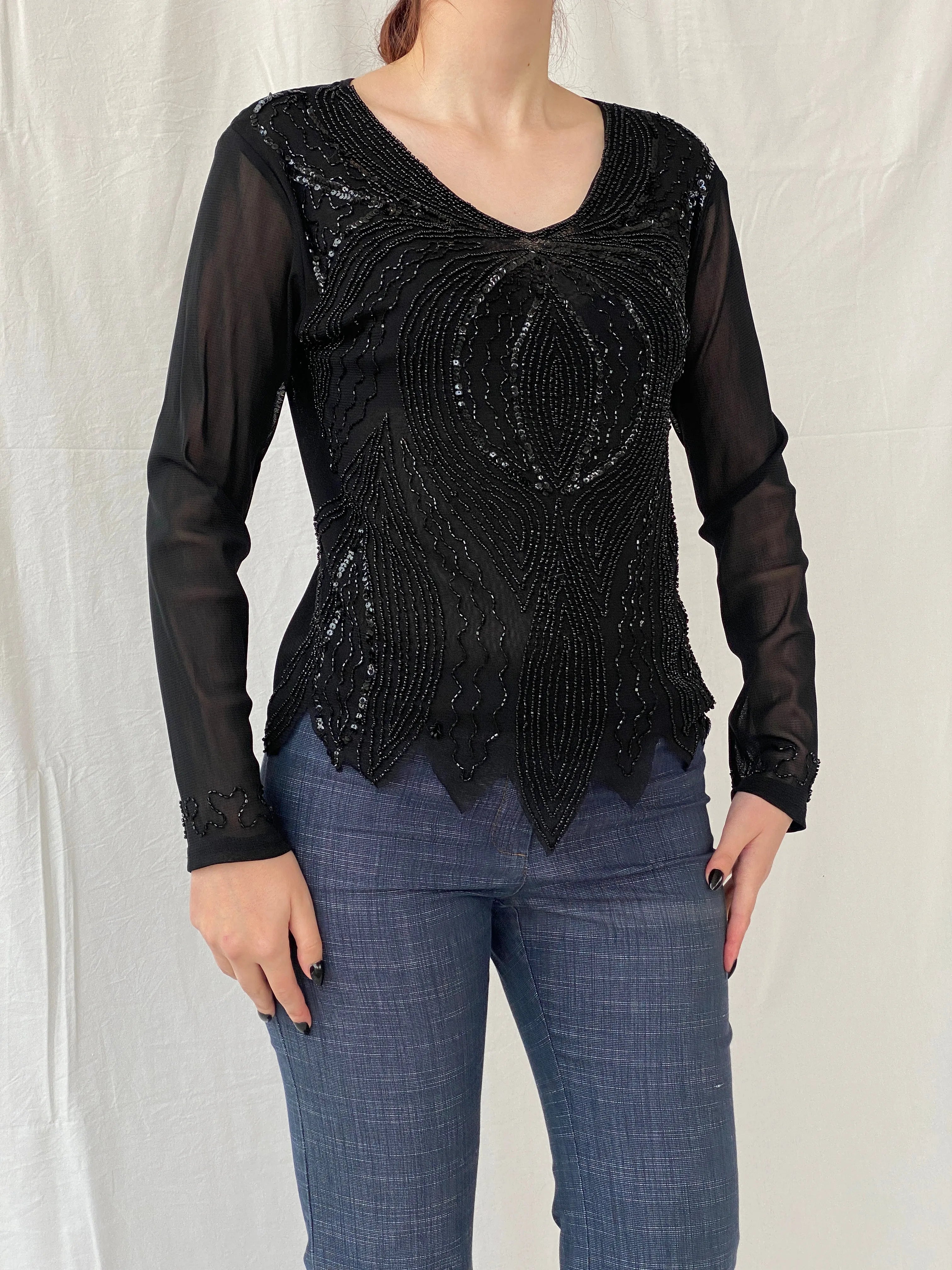 Y2K Sequin Chiffon Semi Sheer Dressy Black Women’s Top - M - Balagan Vintage Full Sleeve Top 00s, Ayah, NEW IN, sheer
