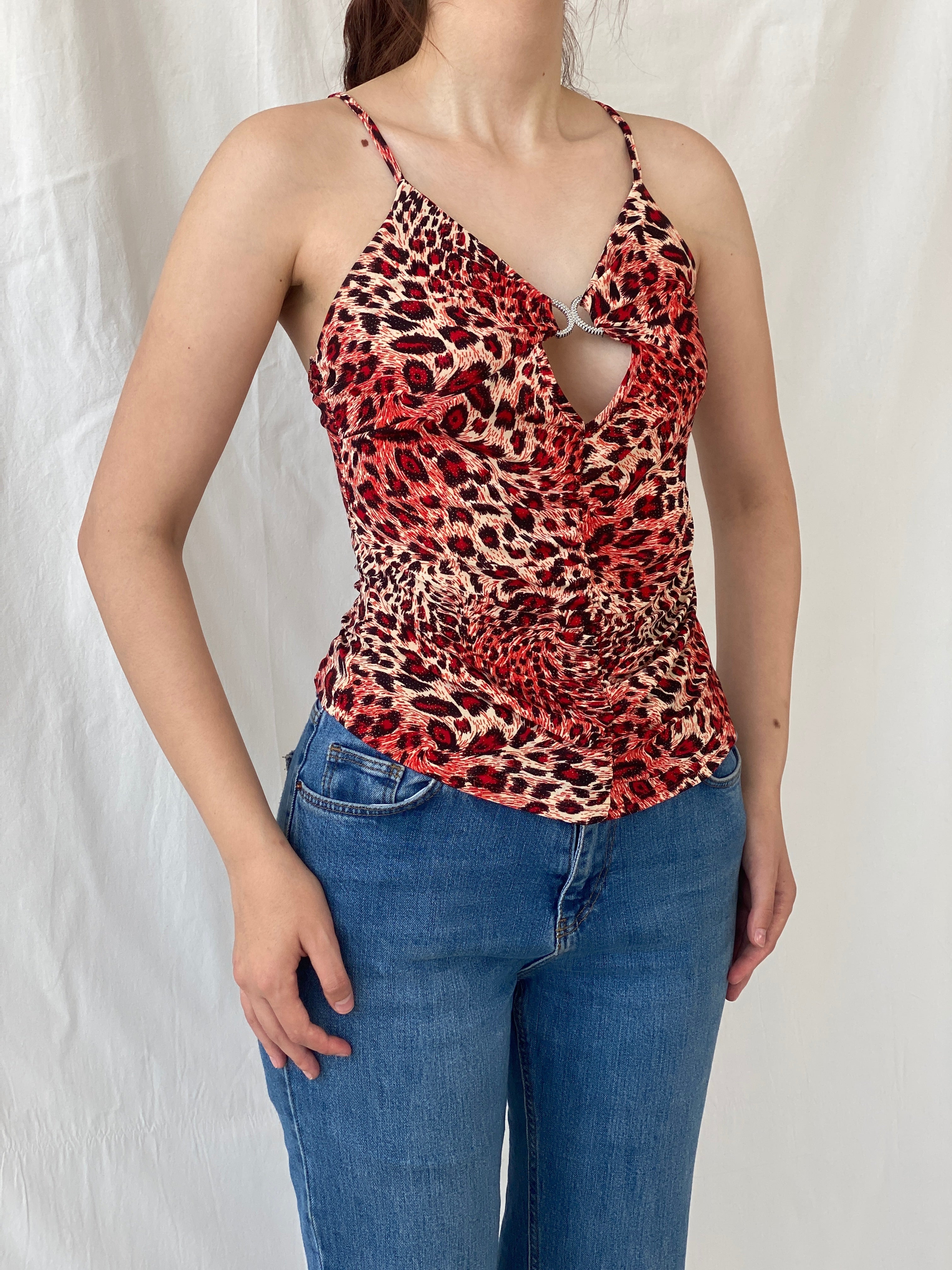 Y2K Seven Stars Jeans Red Leopard Print Cut Out Cami Top - S - Balagan Vintage Sleeveless Top 00s, Ayah, leopard print, shimmer, summer, women top