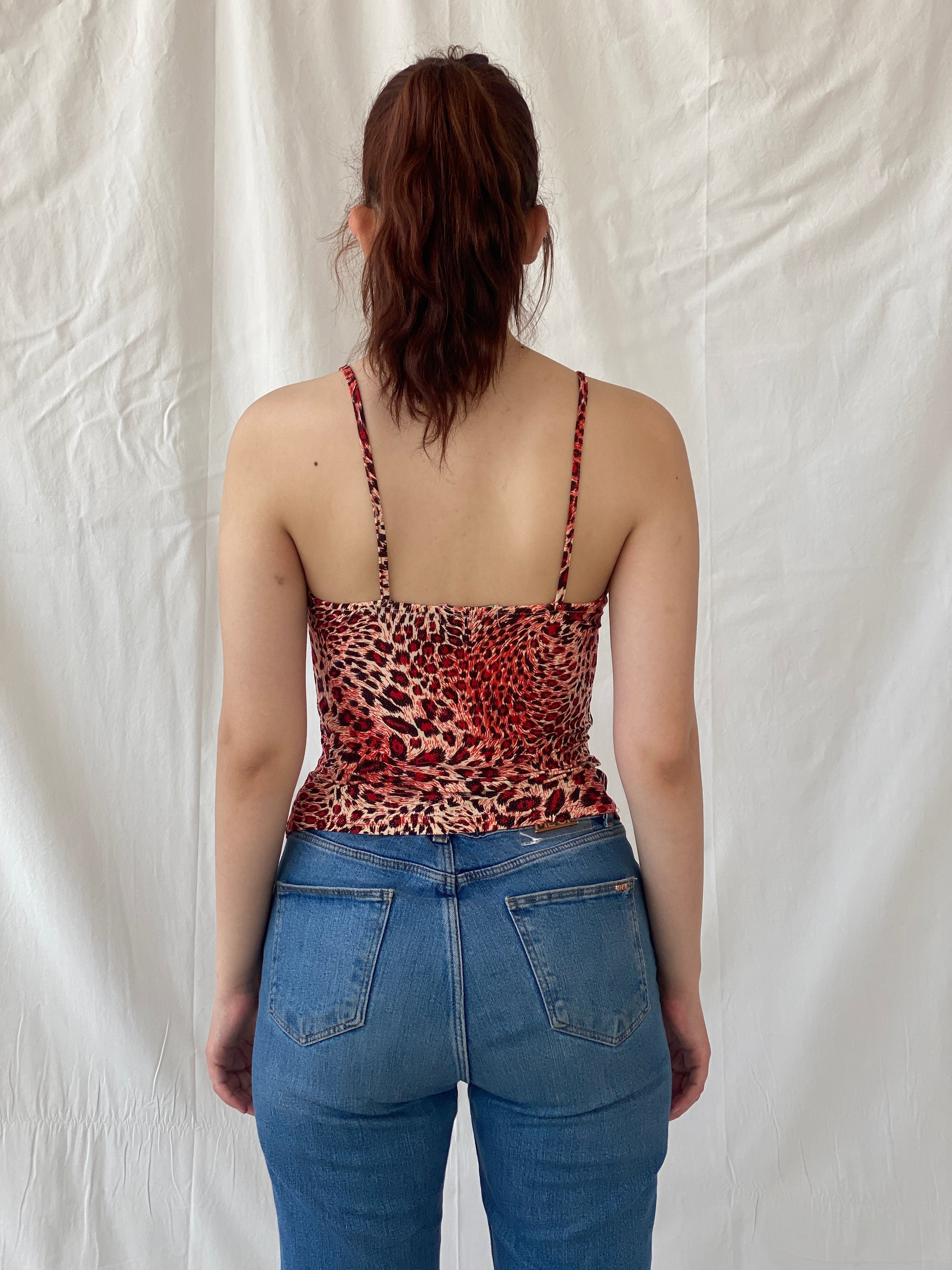 Y2K Seven Stars Jeans Red Leopard Print Cut Out Cami Top - S - Balagan Vintage Sleeveless Top 00s, Ayah, leopard print, shimmer, summer, women top