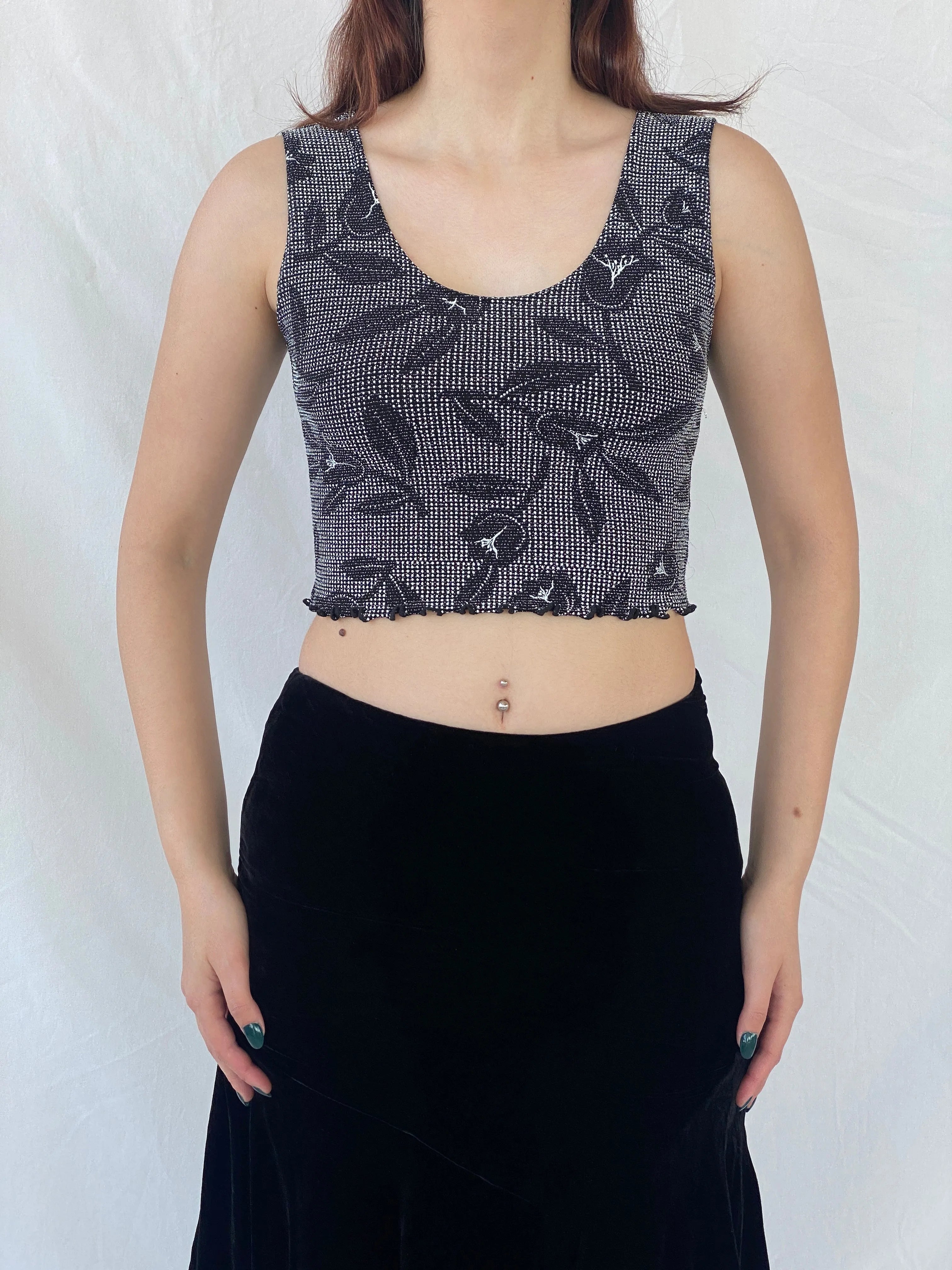 Y2K Shimmery Women’s Black Crop Tank Top - L - Balagan Vintage Sleeveless Top 00s, Ayah, shimmer, women top