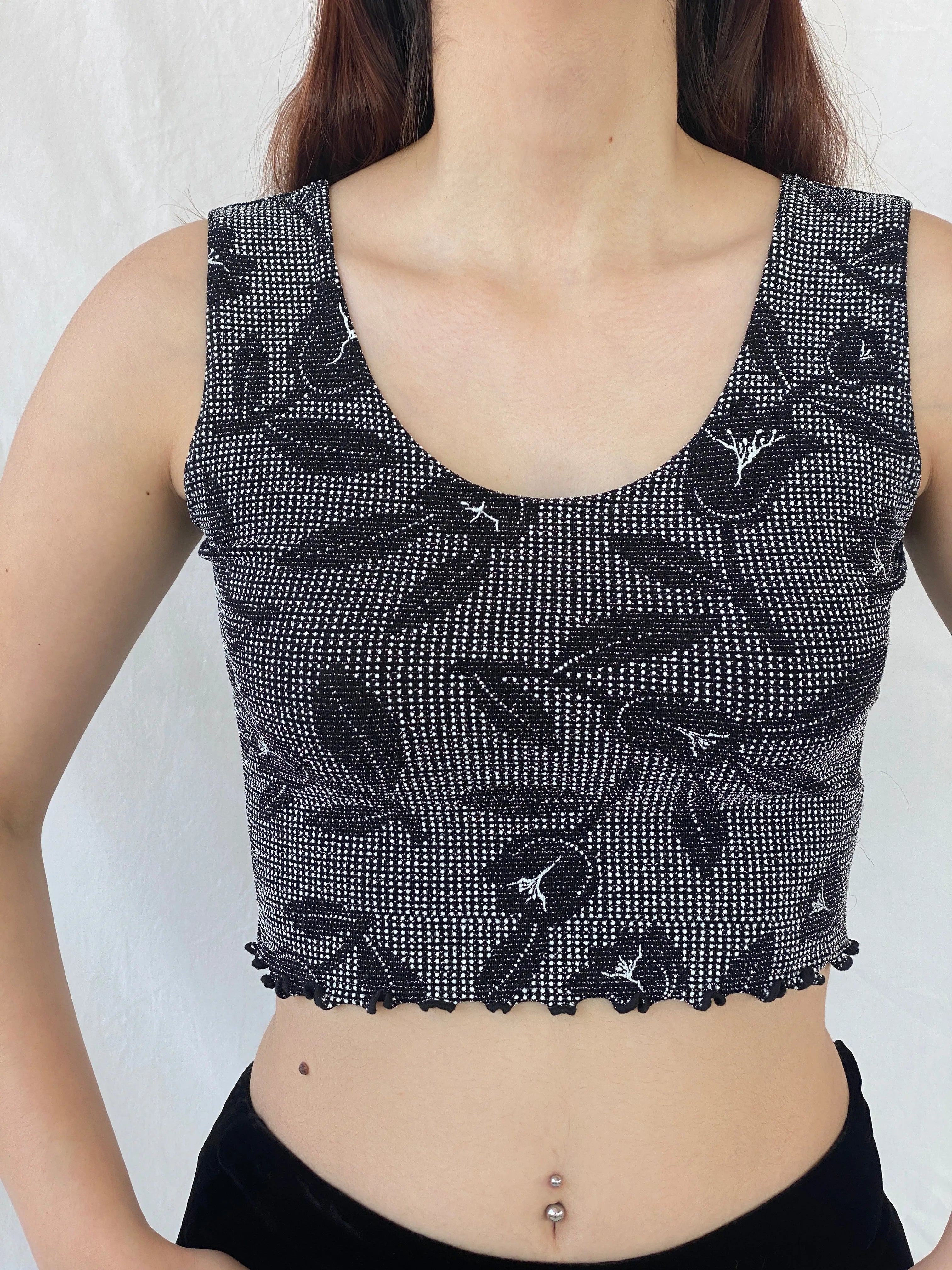 Y2K Shimmery Women’s Black Crop Tank Top - L - Balagan Vintage Sleeveless Top 00s, Ayah, shimmer, women top