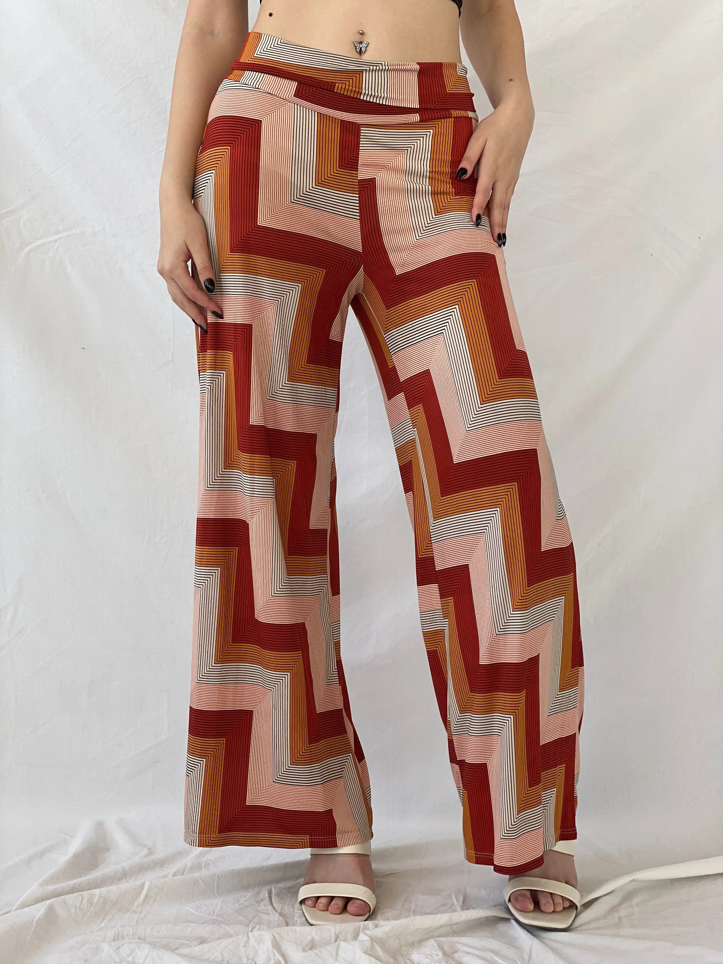 Y2K Sof Chevron Wide Leg Orange Summer Light Pants - M - Balagan Vintage Pants 80s, 90s, Ayah, pants, summer, vintage pants