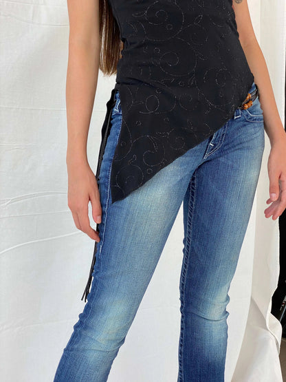 Y2K Sparkly Waterfall Neckline Black Top - M - Balagan Vintage Sleeveless Top 00s, 90s, Mira, women top