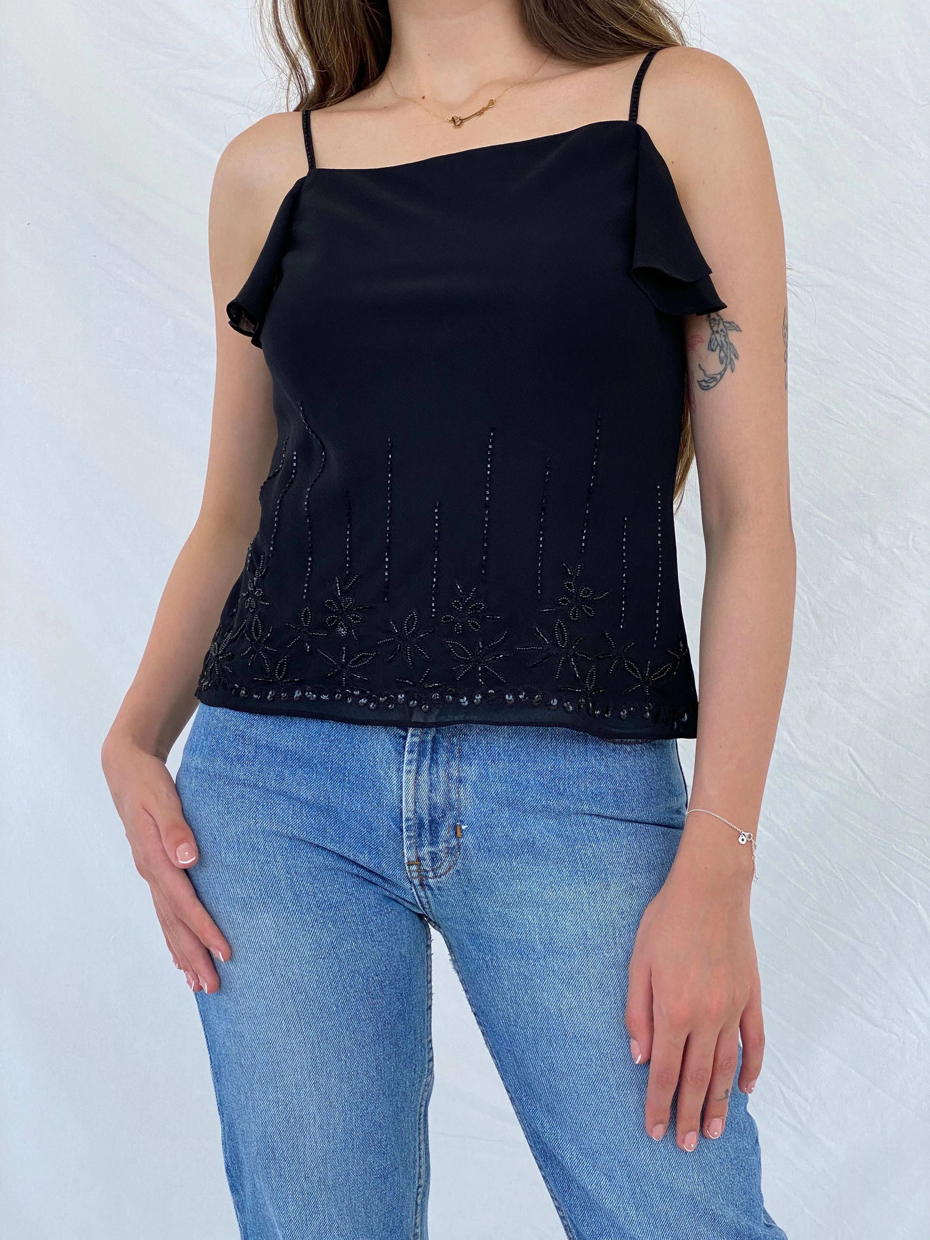 Y2K Spirit Black Beaded Cami Top - M - Balagan Vintage Cami 00s, 90s, beaded, Cami, Mira, sheer, shimmer