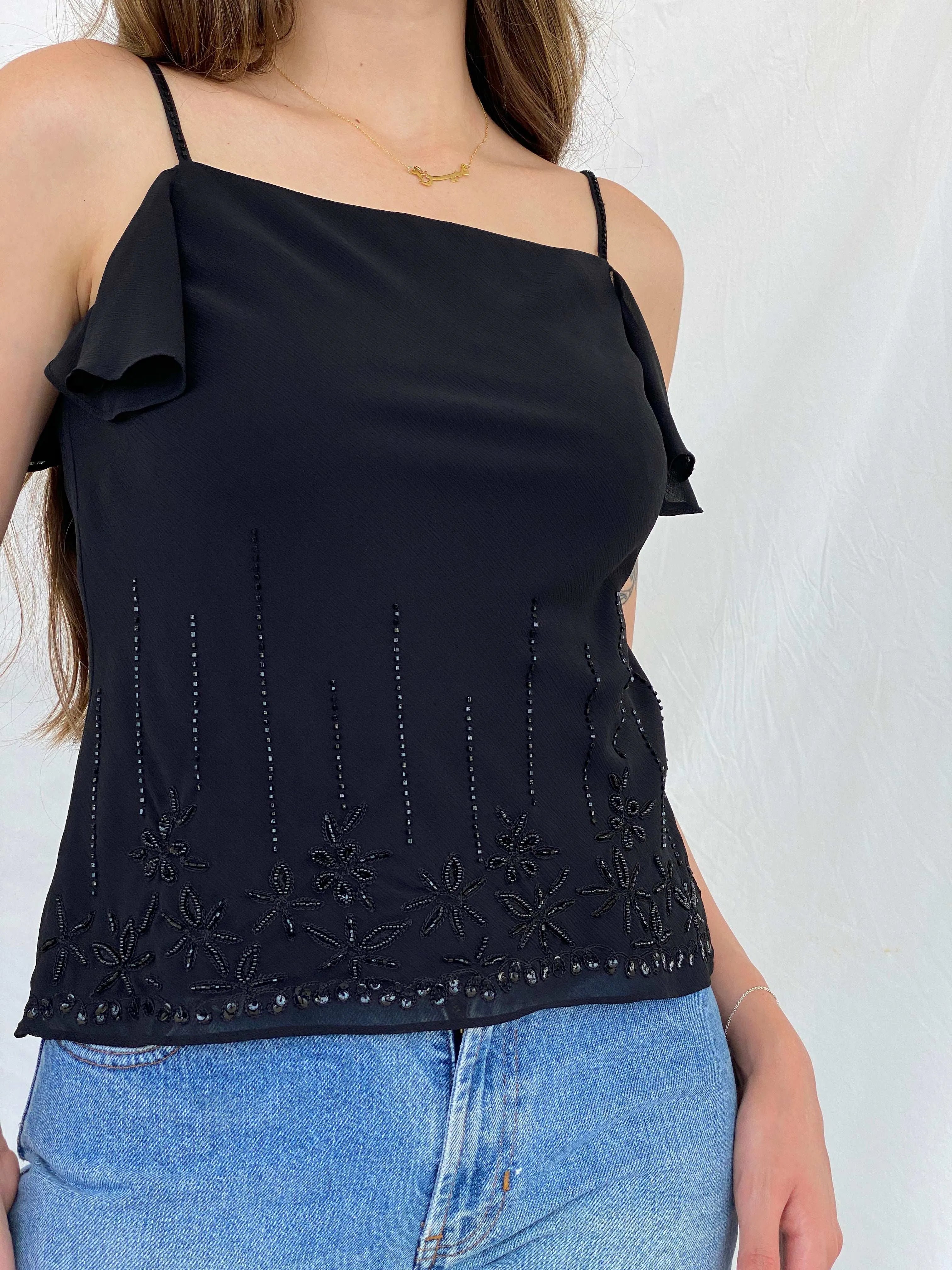 Y2K Spirit Black Beaded Cami Top - M - Balagan Vintage Cami 00s, 90s, beaded, Cami, Mira, sheer, shimmer