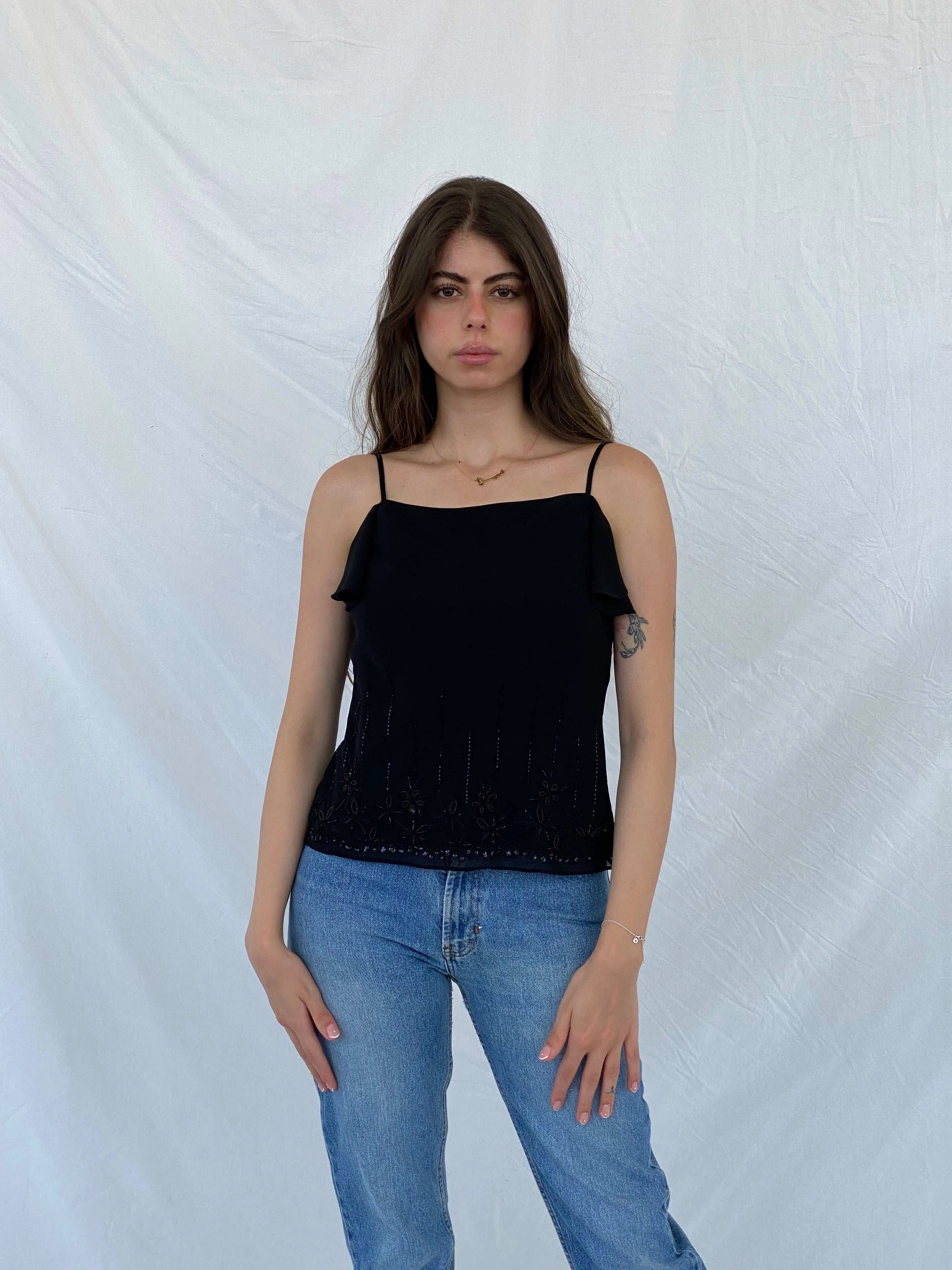 Y2K Spirit Black Beaded Cami Top - M - Balagan Vintage Cami 00s, 90s, beaded, Cami, Mira, sheer, shimmer