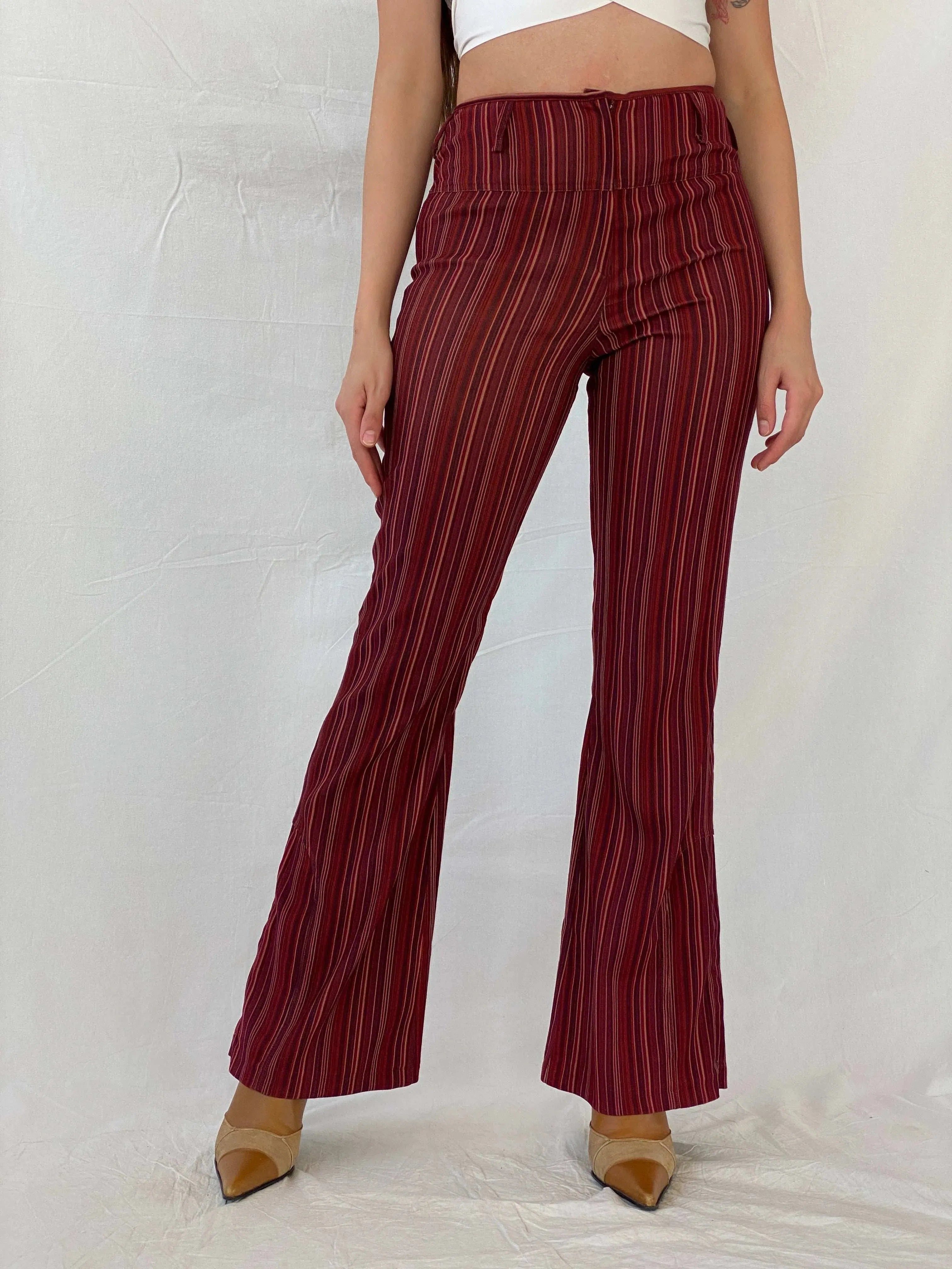 Y2K Striped Maroon Flared Leg High Waisted Pants - M - Balagan Vintage 00s, corduroy pants, Mira, pants, striped pants, vintage pants, winter