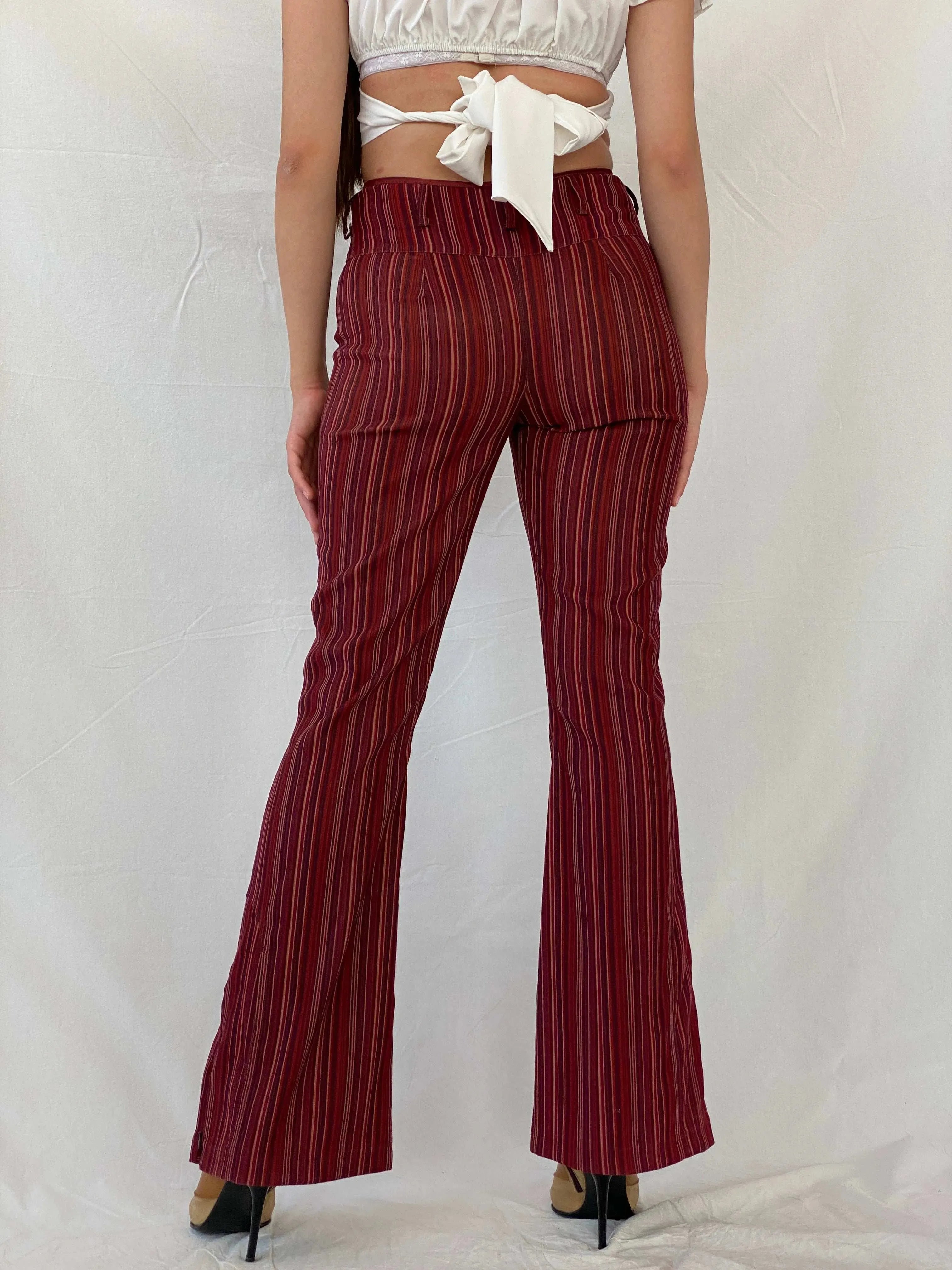 Y2K Striped Maroon Flared Leg High Waisted Pants - M - Balagan Vintage 00s, corduroy pants, Mira, pants, striped pants, vintage pants, winter