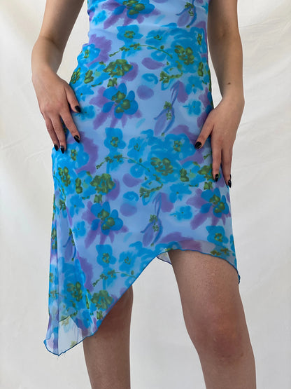 Y2K Studio Soleil Blue Floral Midi Asymmetric Hem Dress - S - Balagan Vintage Midi Dress Ayah, dress, floral, floral dress, midi dress, summer dress, winter