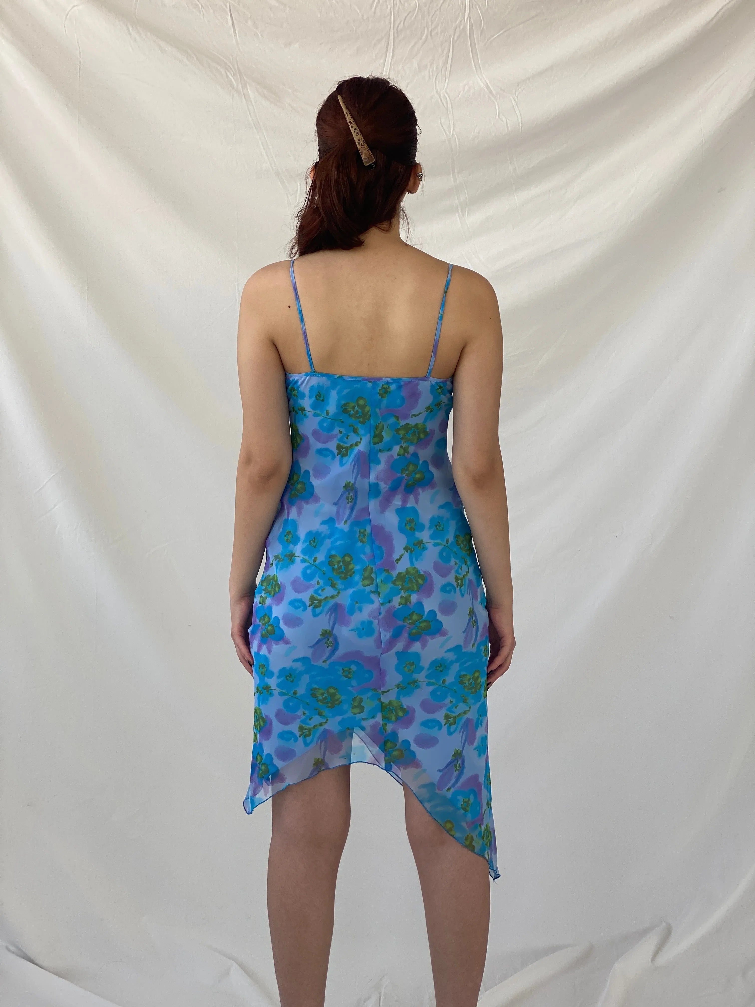 Y2K Studio Soleil Blue Floral Midi Asymmetric Hem Dress - S - Balagan Vintage Midi Dress Ayah, dress, floral, floral dress, midi dress, summer dress, winter