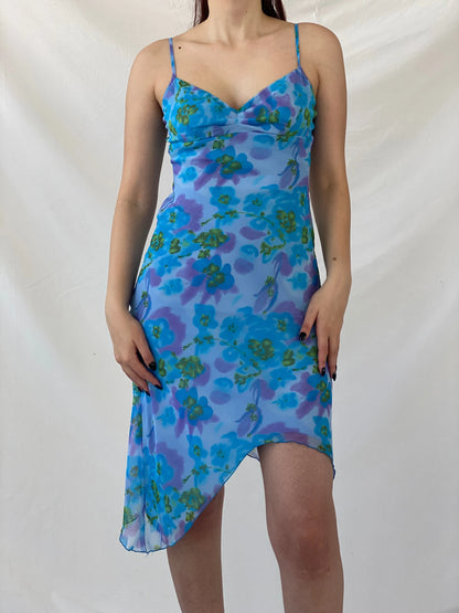 Y2K Studio Soleil Blue Floral Midi Asymmetric Hem Dress - S - Balagan Vintage Midi Dress Ayah, dress, floral, floral dress, midi dress, summer dress, winter