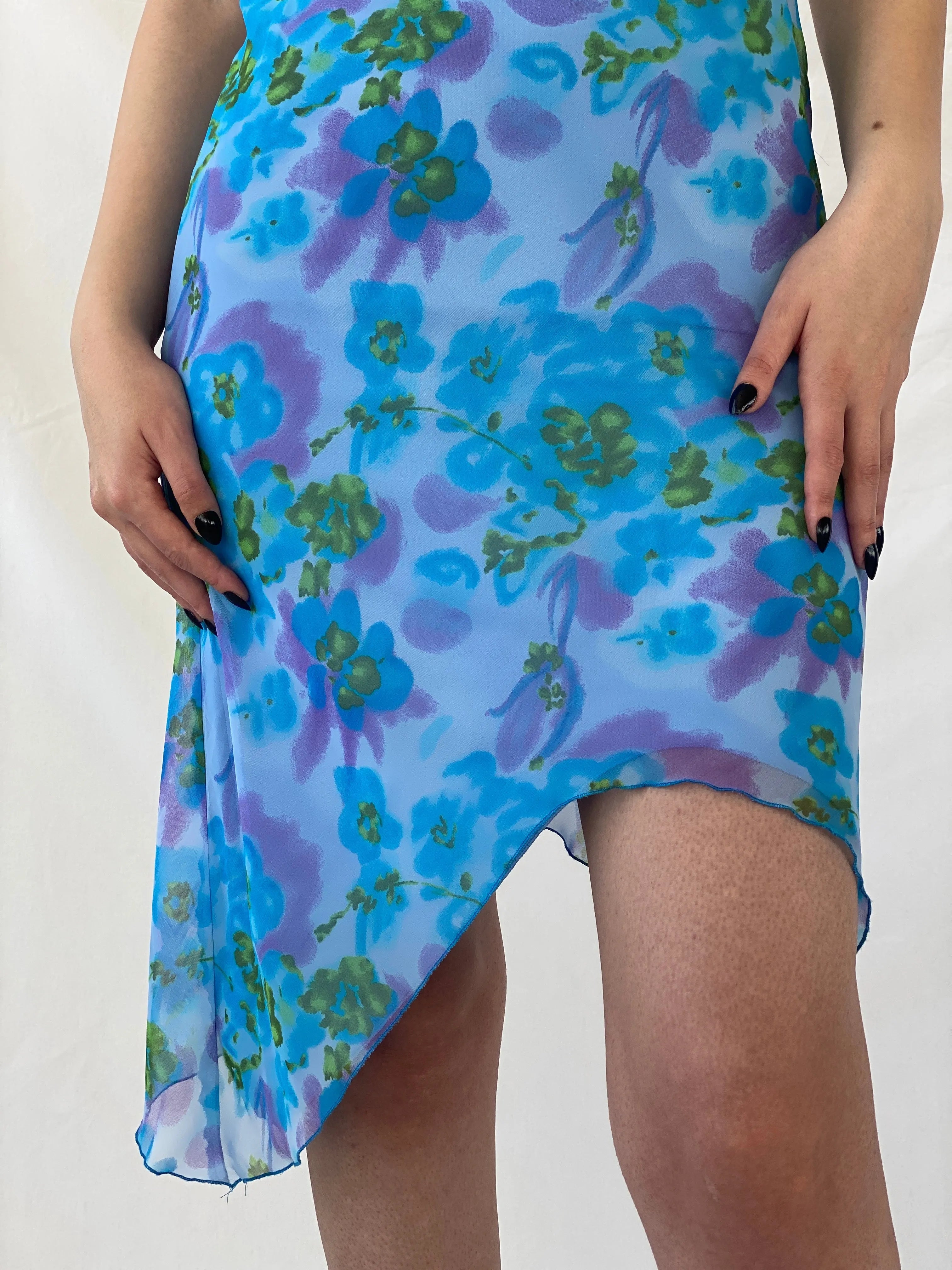 Y2K Studio Soleil Blue Floral Midi Asymmetric Hem Dress - S - Balagan Vintage Midi Dress Ayah, dress, floral, floral dress, midi dress, summer dress, winter