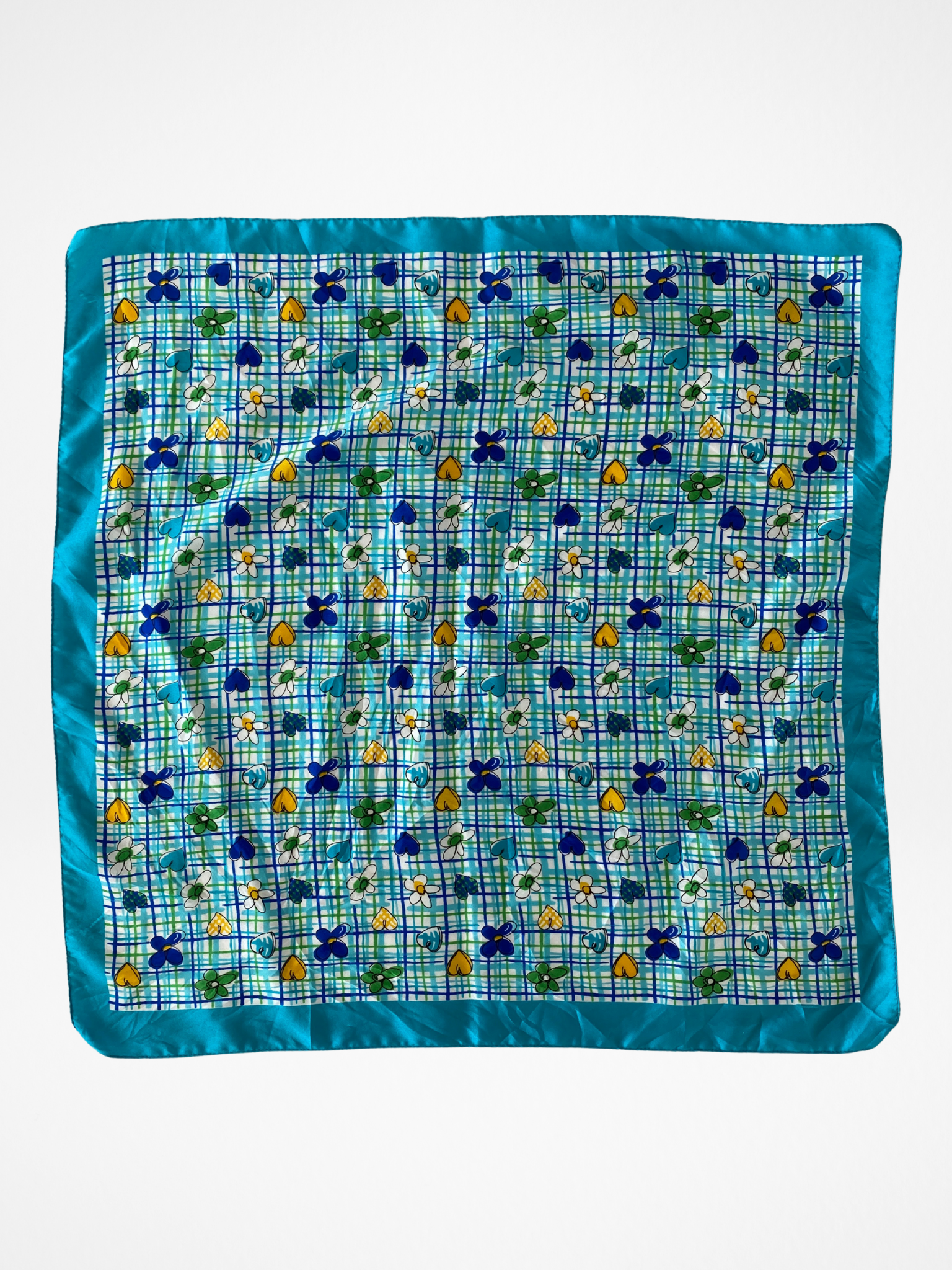 Y2K Summery Blue Square Scarf With floral heart illustrations - Balagan Vintage Scarf 00s, multicolored, NEW IN, scarf, summer