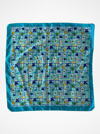 Y2K Summery Blue Square Scarf With floral heart illustrations - Balagan Vintage Scarf 00s, multicolored, NEW IN, scarf, summer