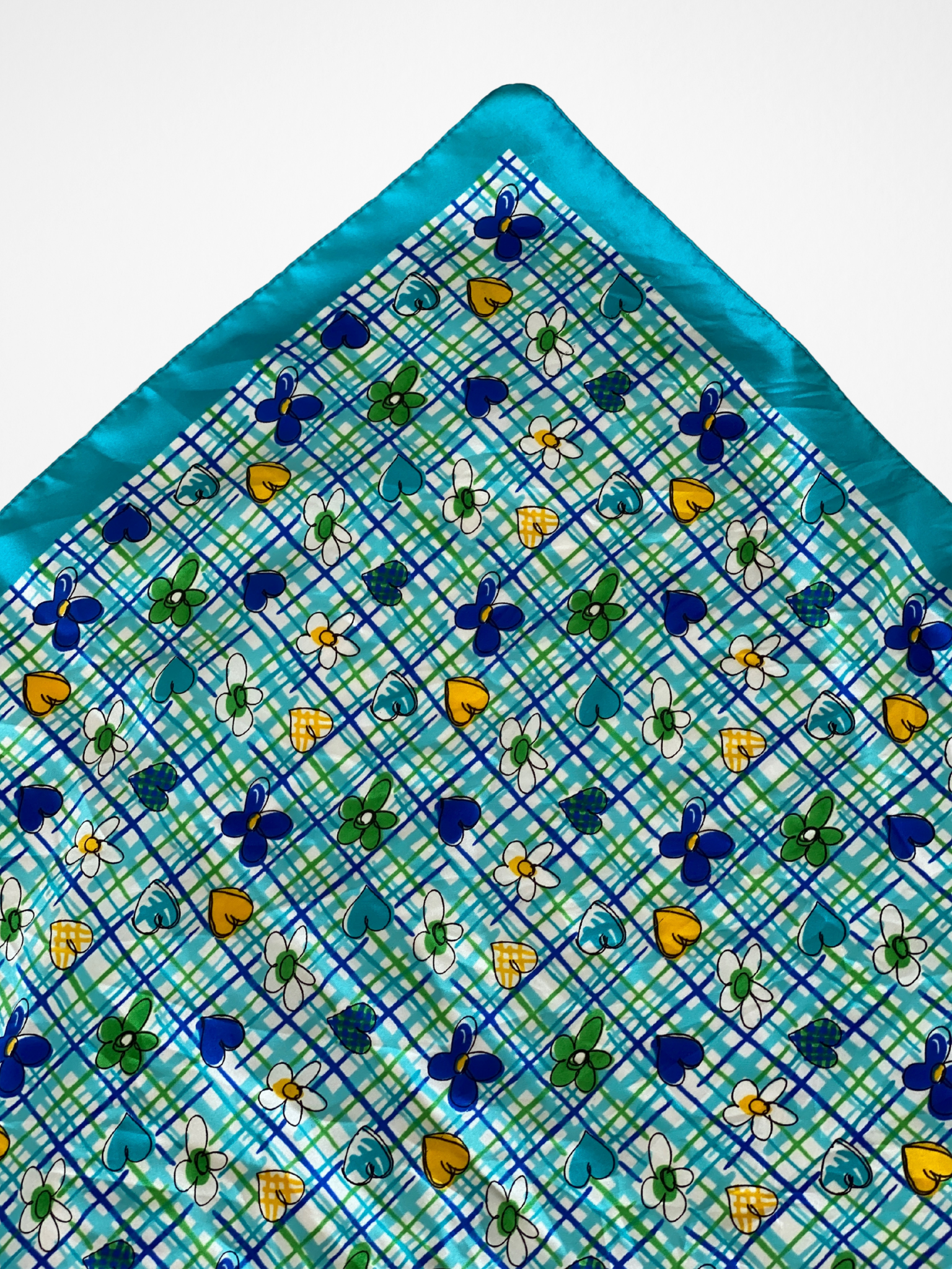 Y2K Summery Blue Square Scarf With floral heart illustrations - Balagan Vintage Scarf 00s, multicolored, NEW IN, scarf, summer