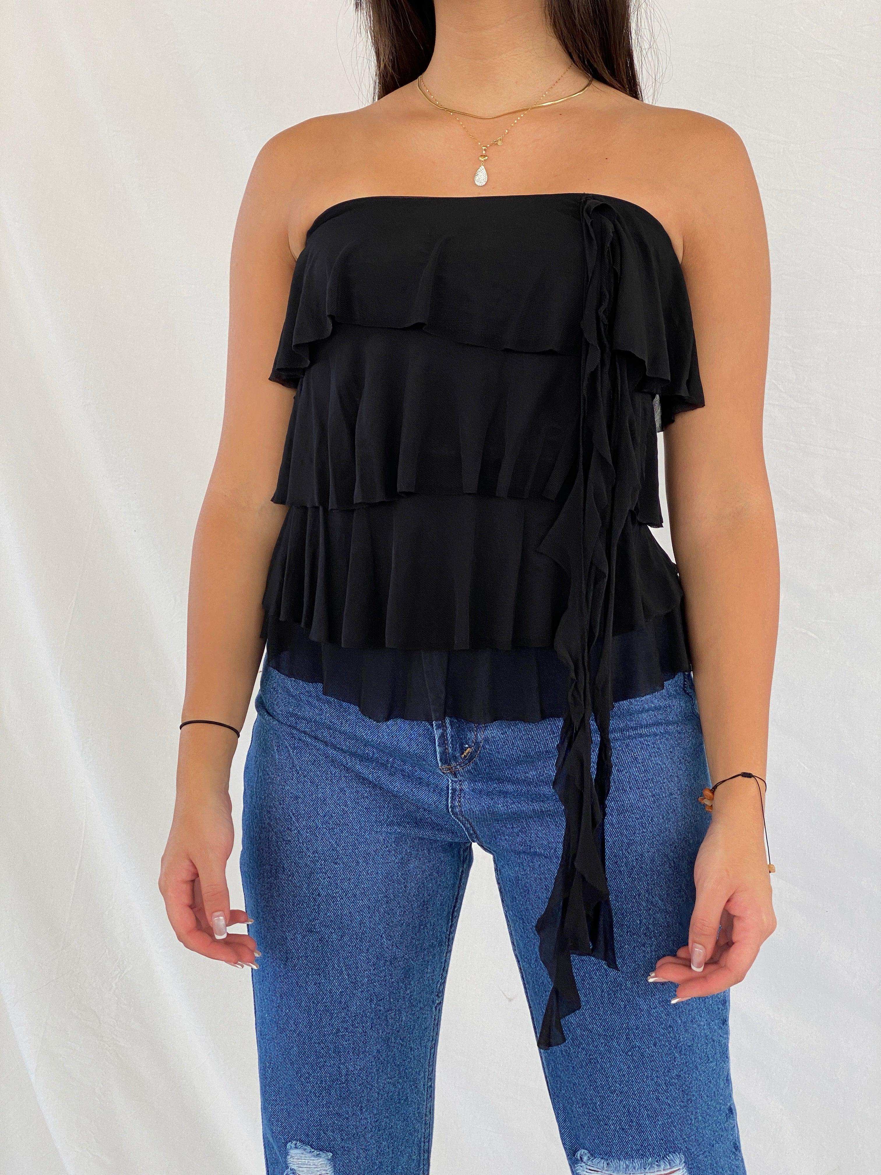 Y2K Supré Ruffled Tube Black Top - Balagan Vintage Sleeveless Top 00s, 90s, Rama