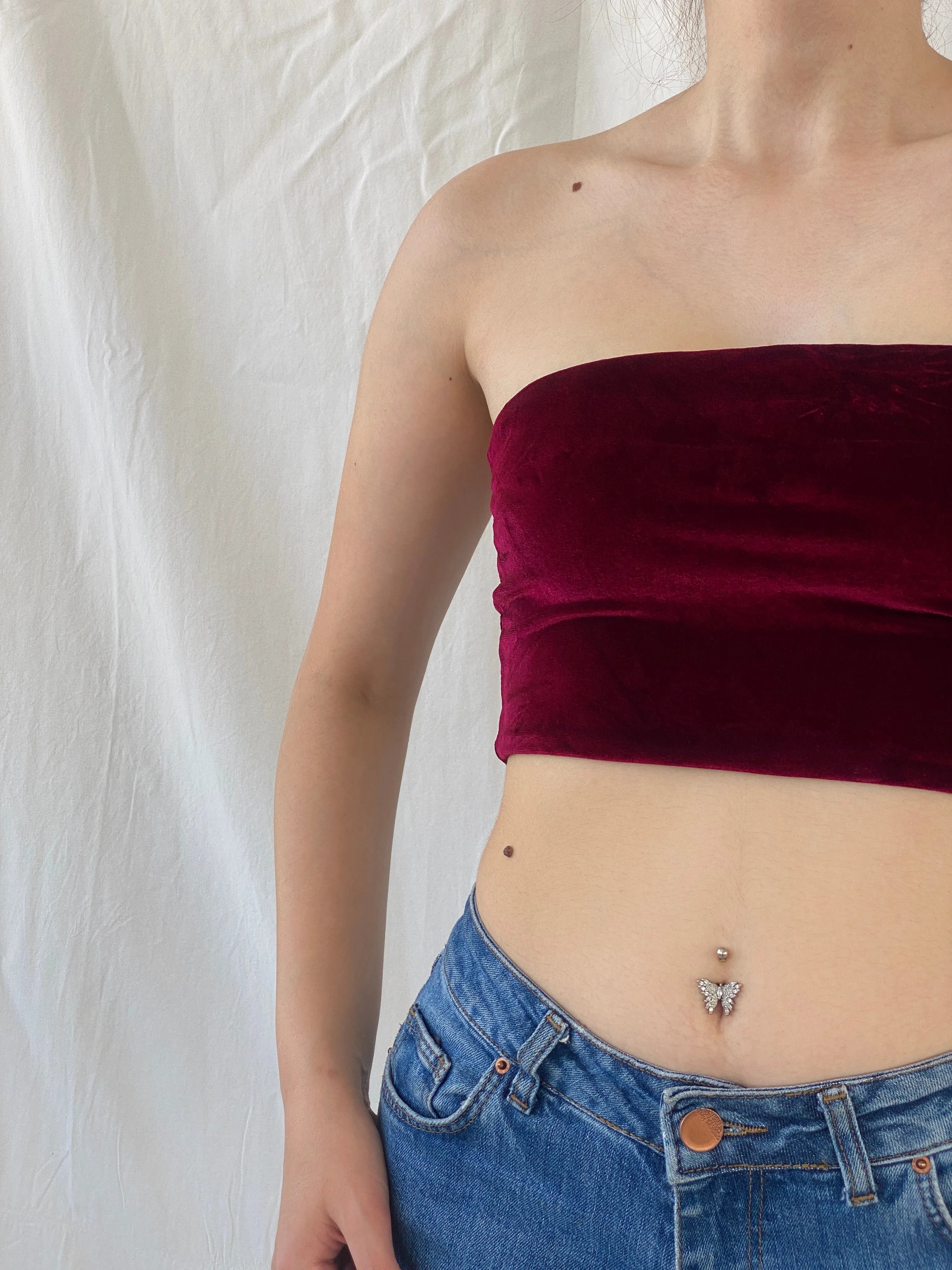 Y2K Supré Velvet Burgundy Crop Tube Bandeau Top - S - Balagan Vintage Sleeveless Top 00s, Ayah, summer, velvet, women top