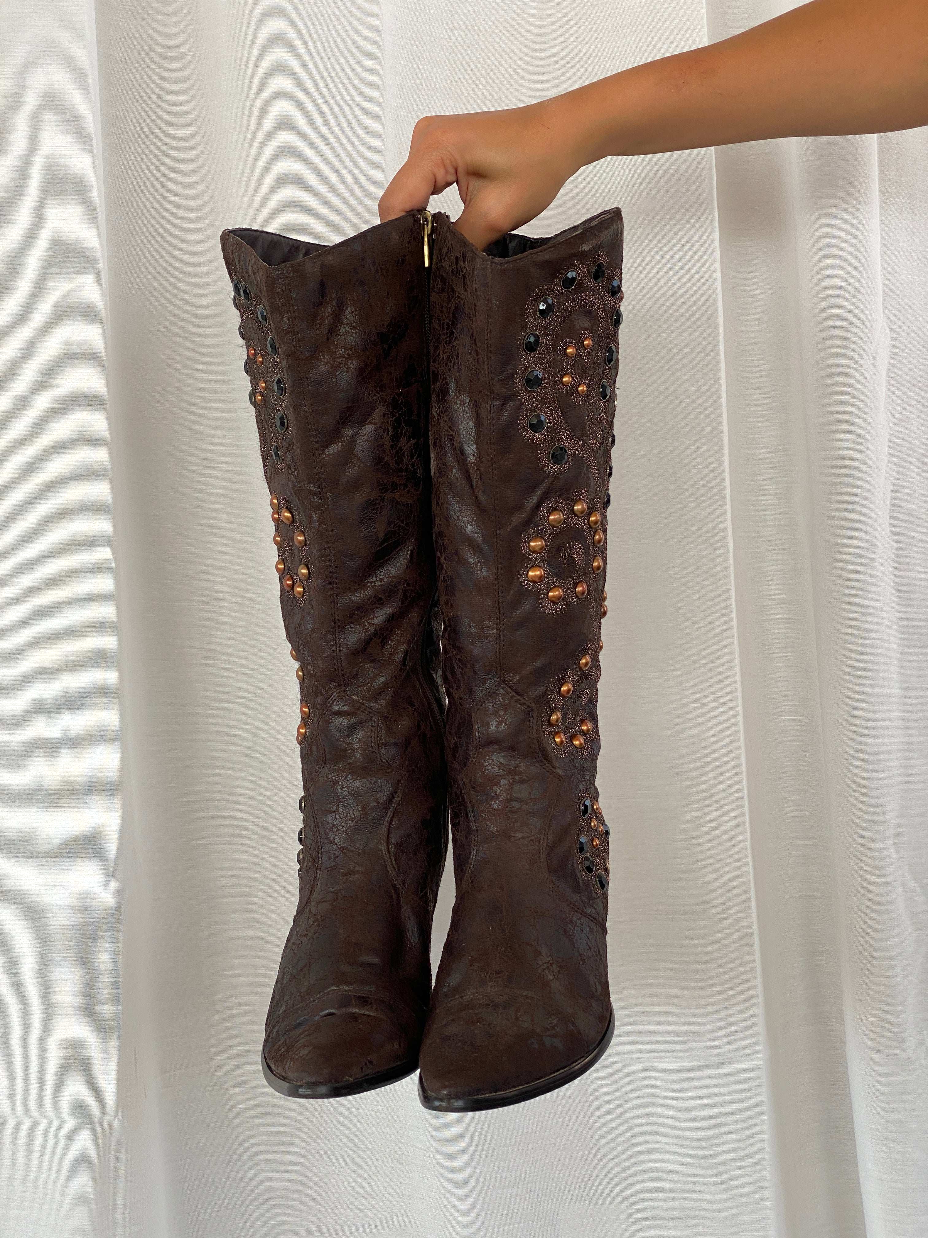 Y2K Two Tips Brown Studded Cowboy Western Boots - 38.5 - Balagan Vintage Boots 00s, 90s, Boots, shoes