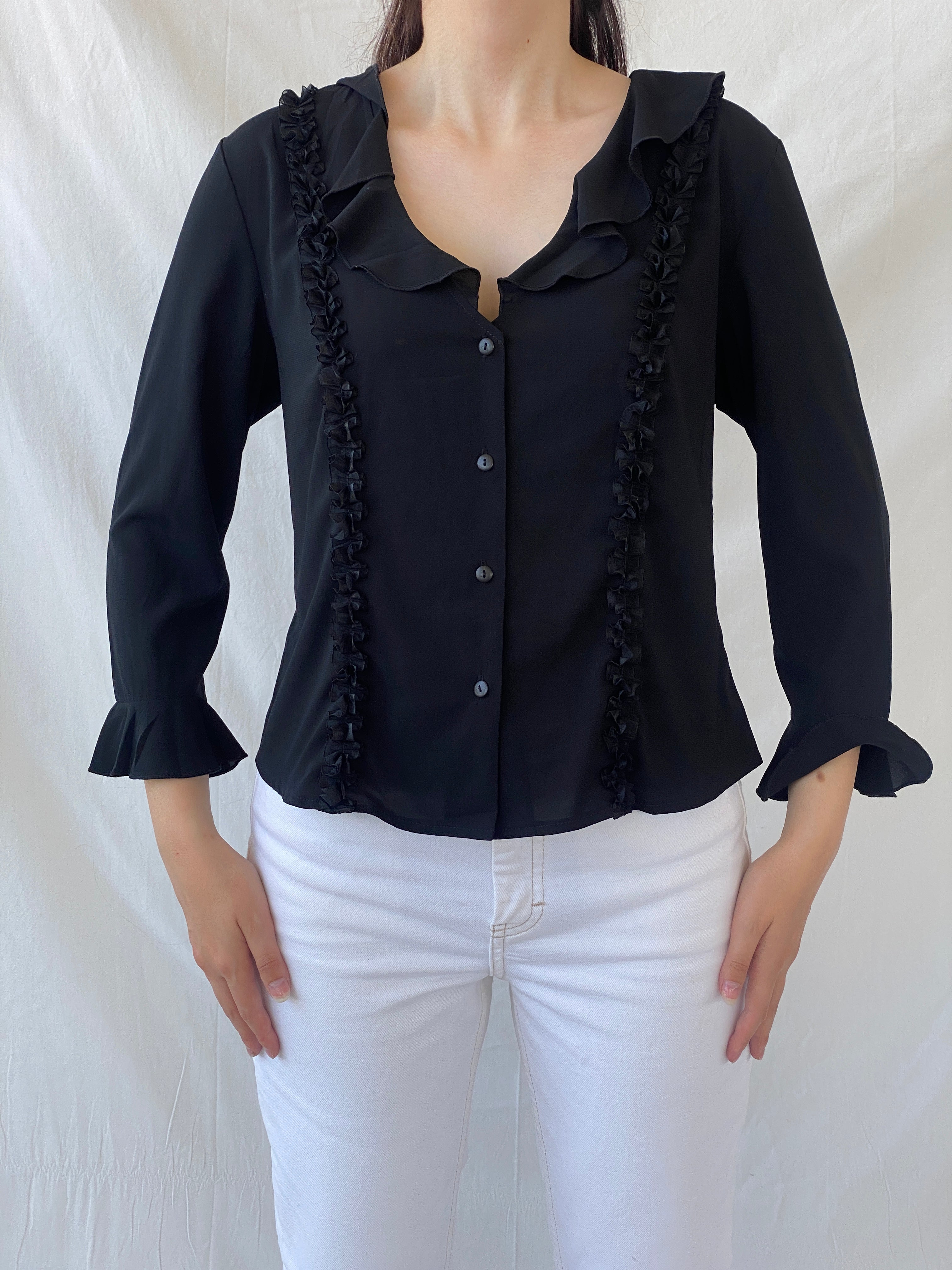 Y2K Under Cover Wear Black Ruffled Office Button Up Shirt - L - Balagan Vintage Full Sleeve Shirt 00s, Ayah, full sleeve shirt, NEW IN, Office core, summer