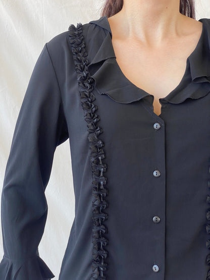 Y2K Under Cover Wear Black Ruffled Office Button Up Shirt - L - Balagan Vintage Full Sleeve Shirt 00s, Ayah, full sleeve shirt, NEW IN, Office core, summer