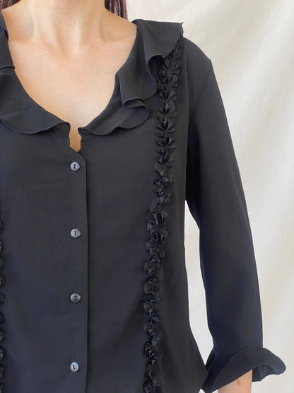 Y2K Under Cover Wear Black Ruffled Office Button Up Shirt - L - Balagan Vintage Full Sleeve Shirt 00s, Ayah, full sleeve shirt, NEW IN, Office core, summer