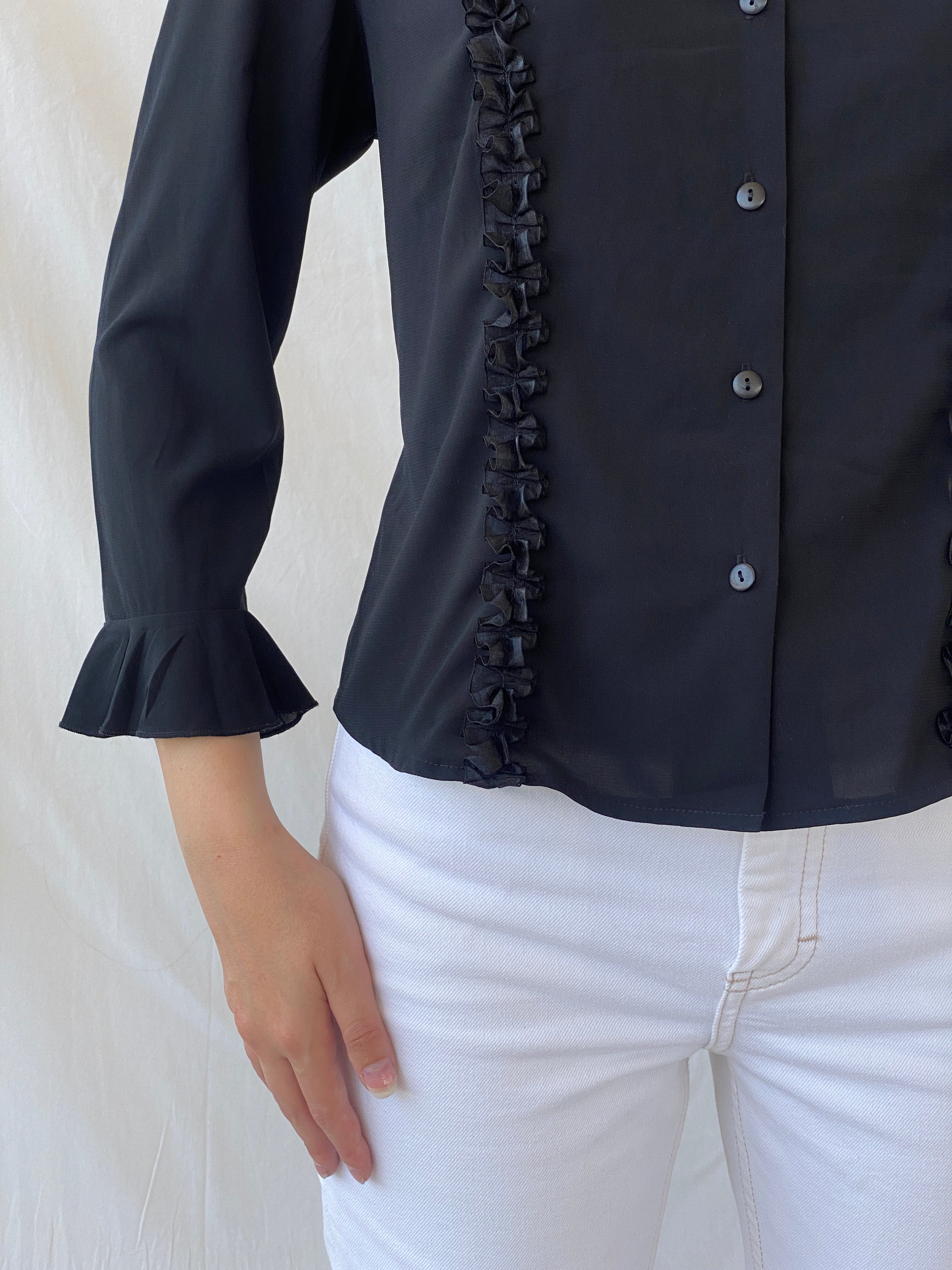 Y2K Under Cover Wear Black Ruffled Office Button Up Shirt - L - Balagan Vintage Full Sleeve Shirt 00s, Ayah, full sleeve shirt, NEW IN, Office core, summer
