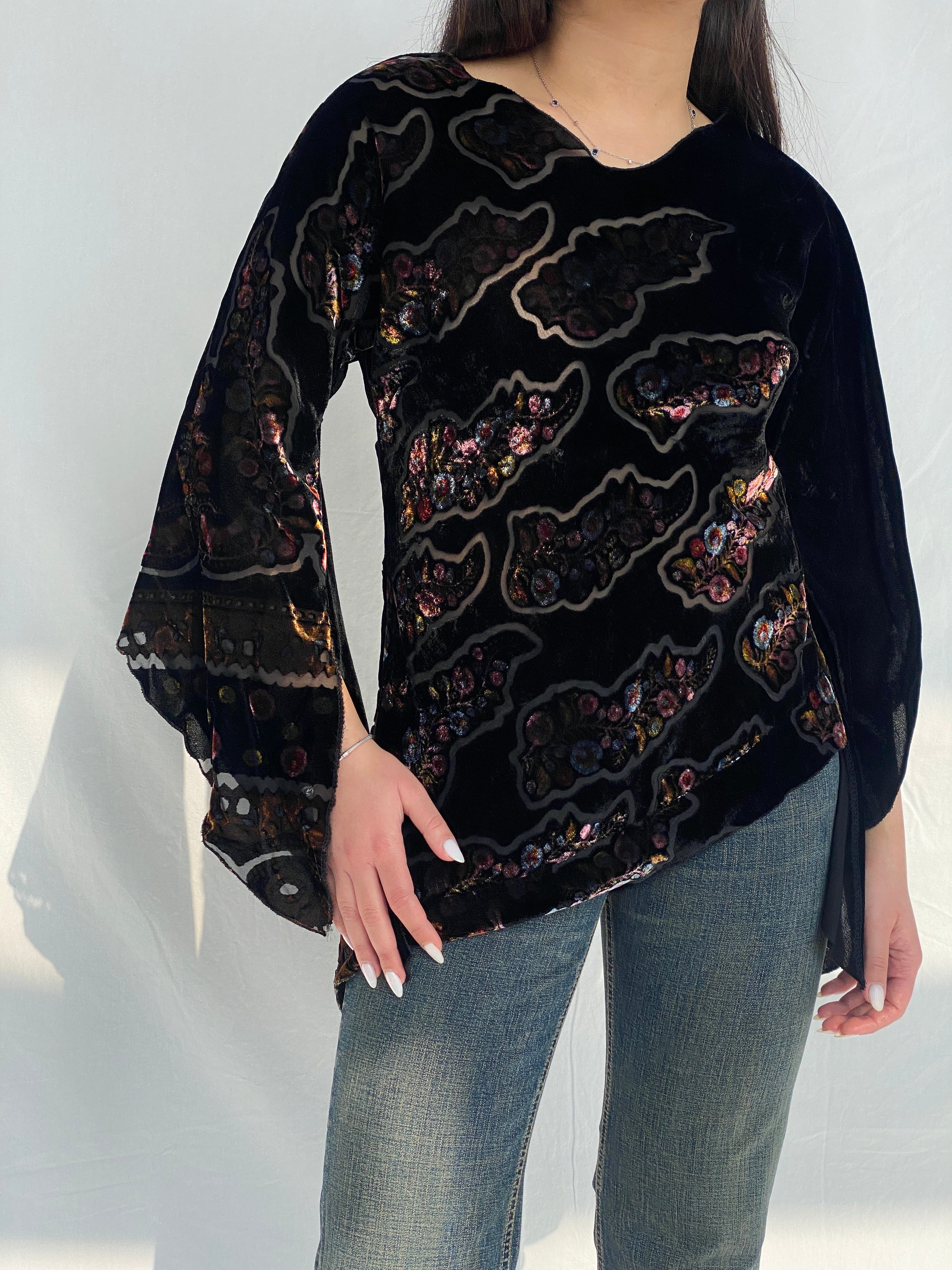 Y2K Velvet Sheer Black Bell Sleeve Top - M - Balagan Vintage Full Sleeve Top 00s, Fatima, striped, striped shirt, women top