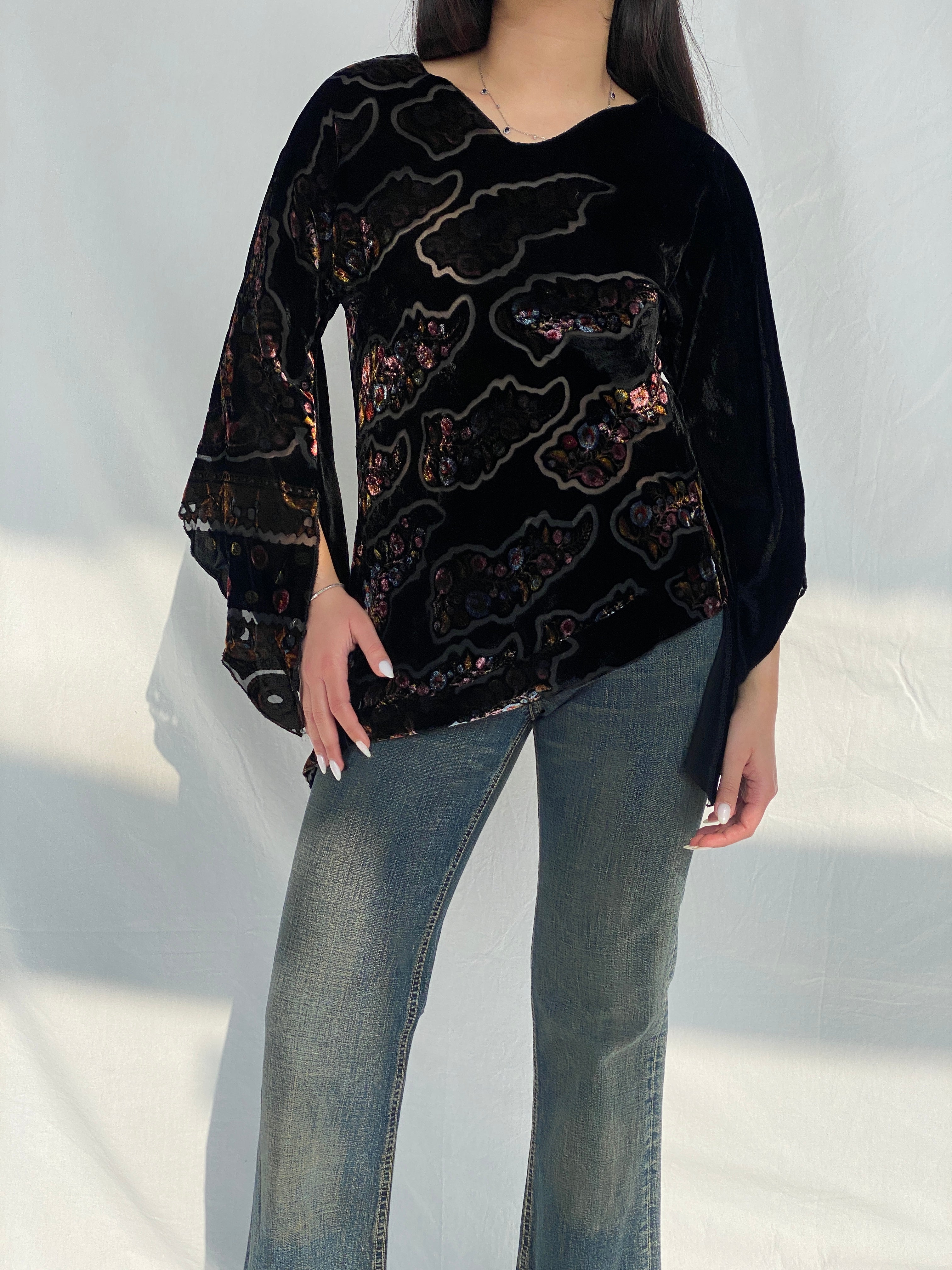 Y2K Velvet Sheer Black Bell Sleeve Top - M - Balagan Vintage Full Sleeve Top 00s, Fatima, striped, striped shirt, women top