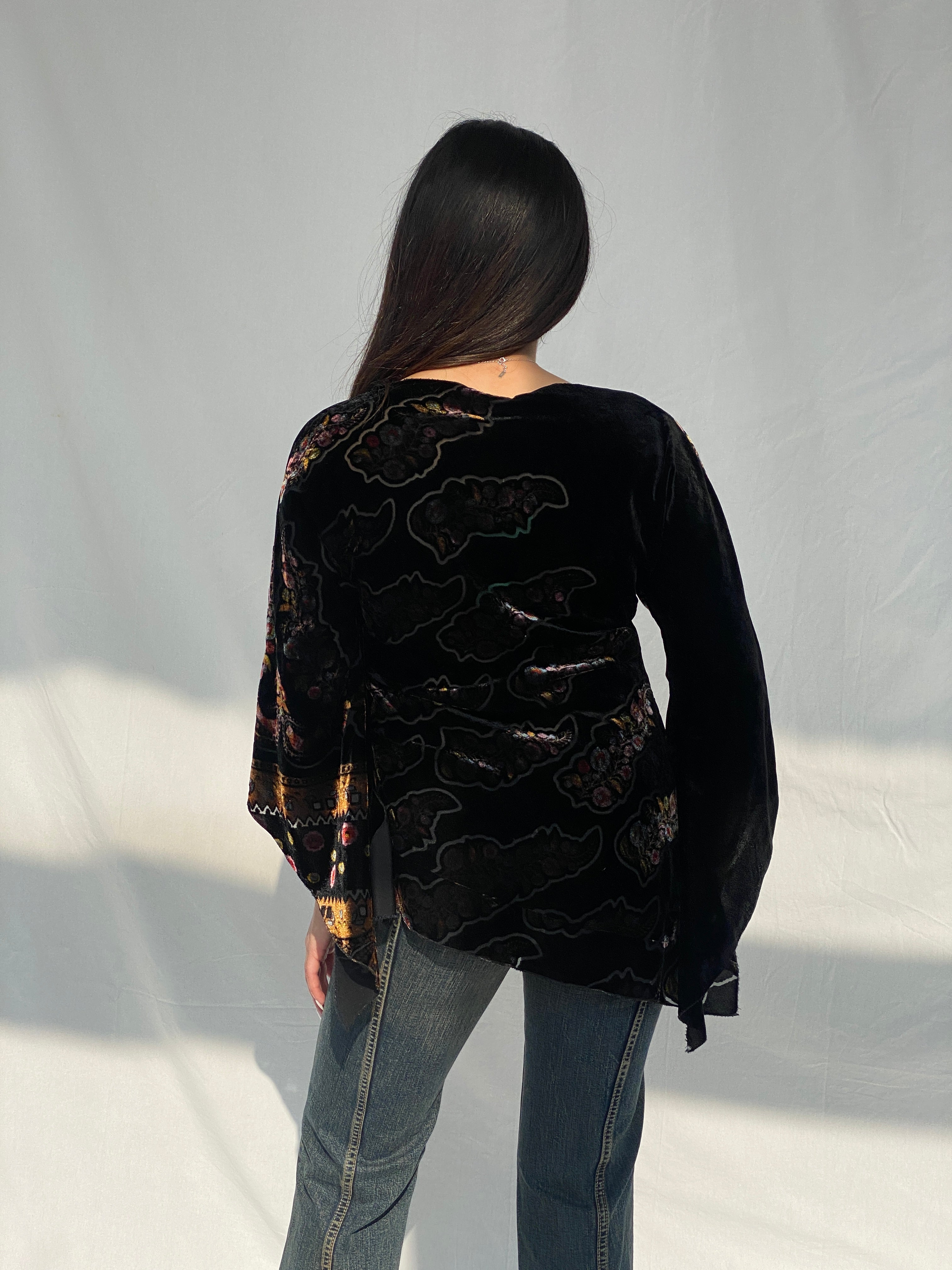 Y2K Velvet Sheer Black Bell Sleeve Top - M - Balagan Vintage Full Sleeve Top 00s, Fatima, striped, striped shirt, women top