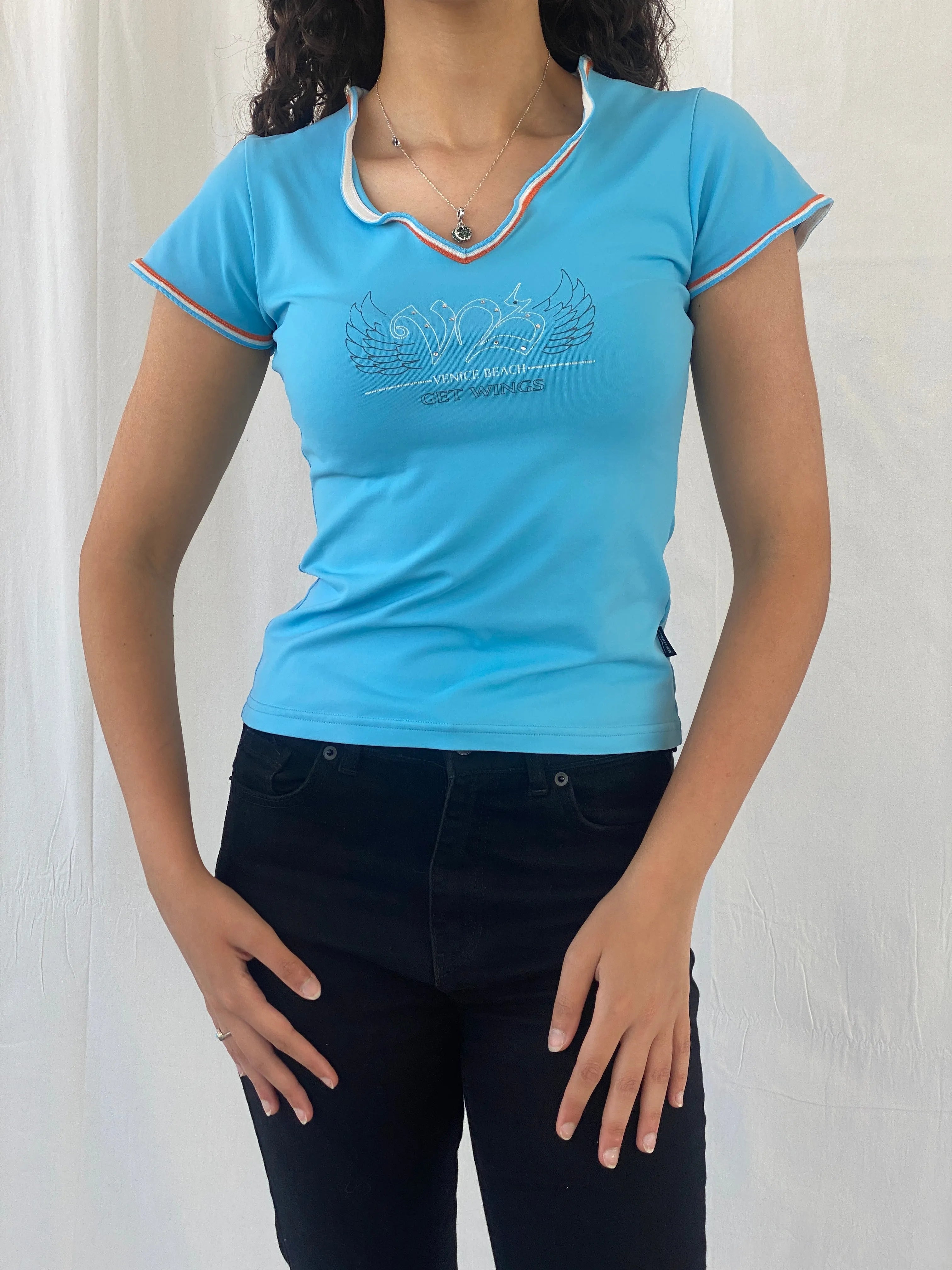 Y2K Venice Beach Activewear Blue Short Sleeve Women’s Top - M - Balagan Vintage Half Sleeve Top 00s, Celine, women top