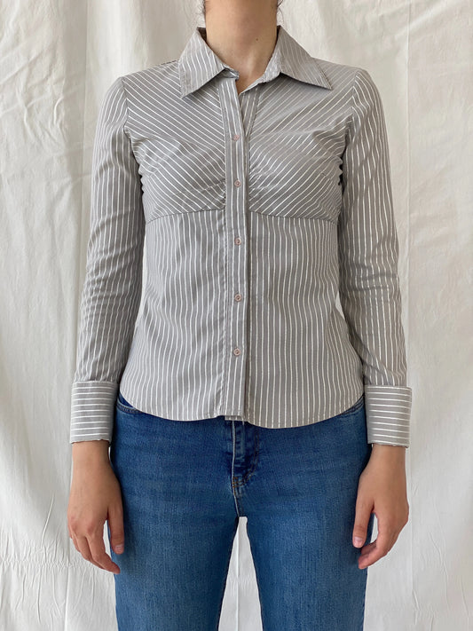 Y2K Vero Moda Gray Full Sleeve Striped Office Core Shirt - S - Balagan Vintage Full Sleeve Shirt Ayah, full sleeve shirt, Office core, shirt, women shirt